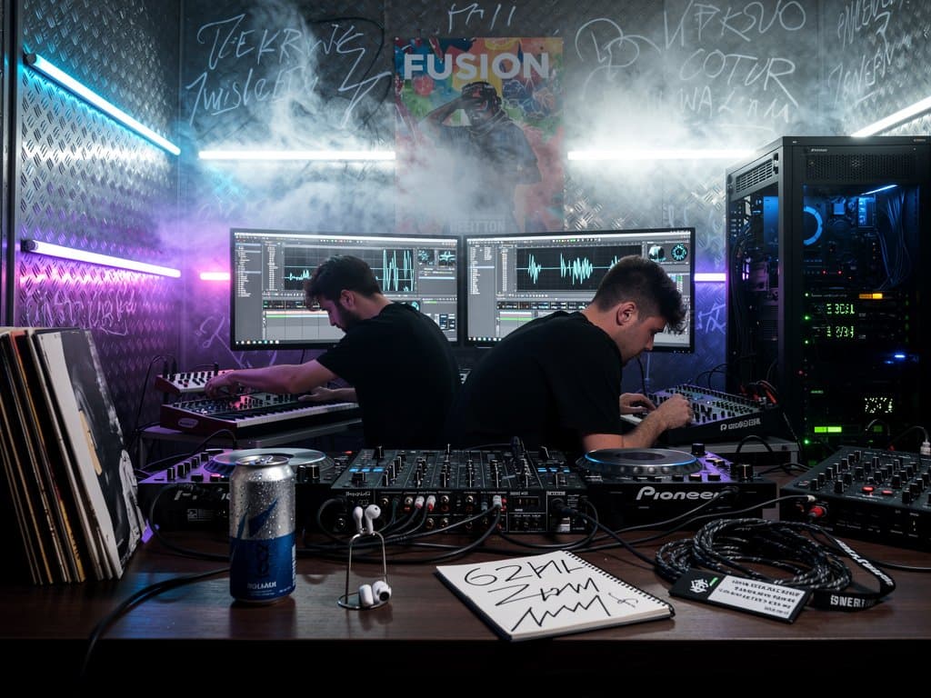 Berliner Studio mit AI-Techno-Waveforms, TB-303 und NVIDIA-Server für Electronic Music Production