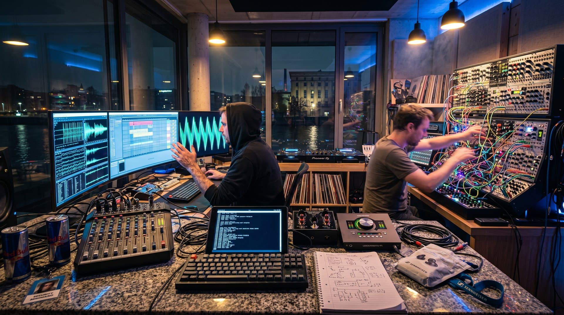 Chiptune studio mit C64 SID files auf Monitoren, modular synths und Berliner Flussblick
