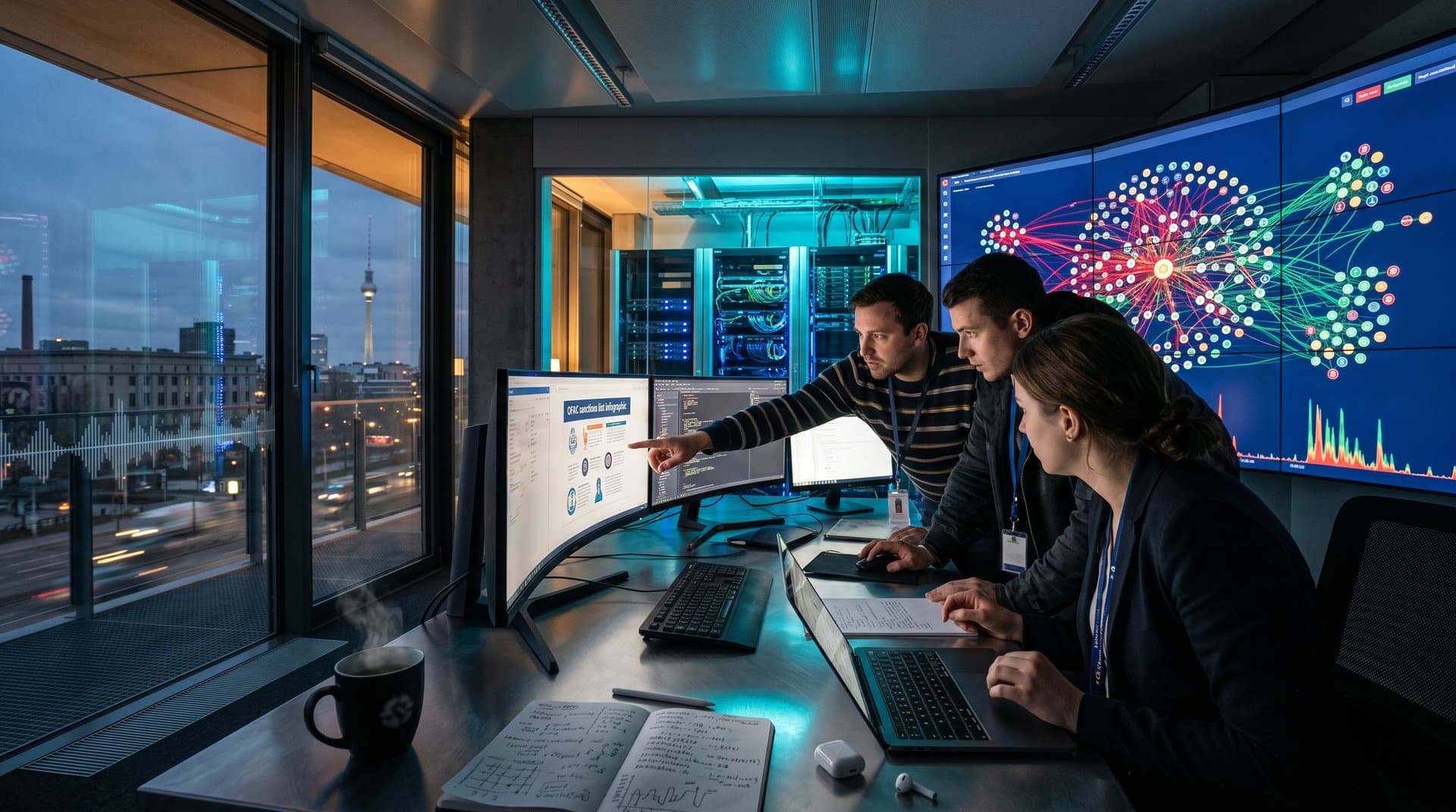 Blockchain-Analysezentrum mit Videowand und roten Markierungen für eingefrorene Iran-Krypto-Wallets