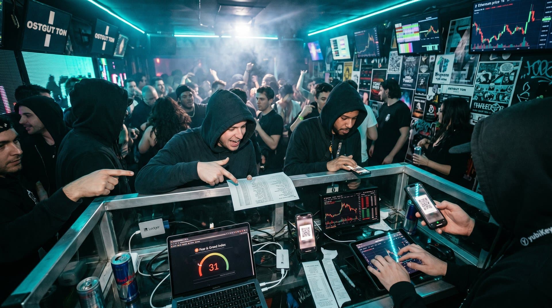 DJ-Booth in Fairfax-Club mit Blockchain-Scam-Graphen und Security-Tools unter Neonlichtern