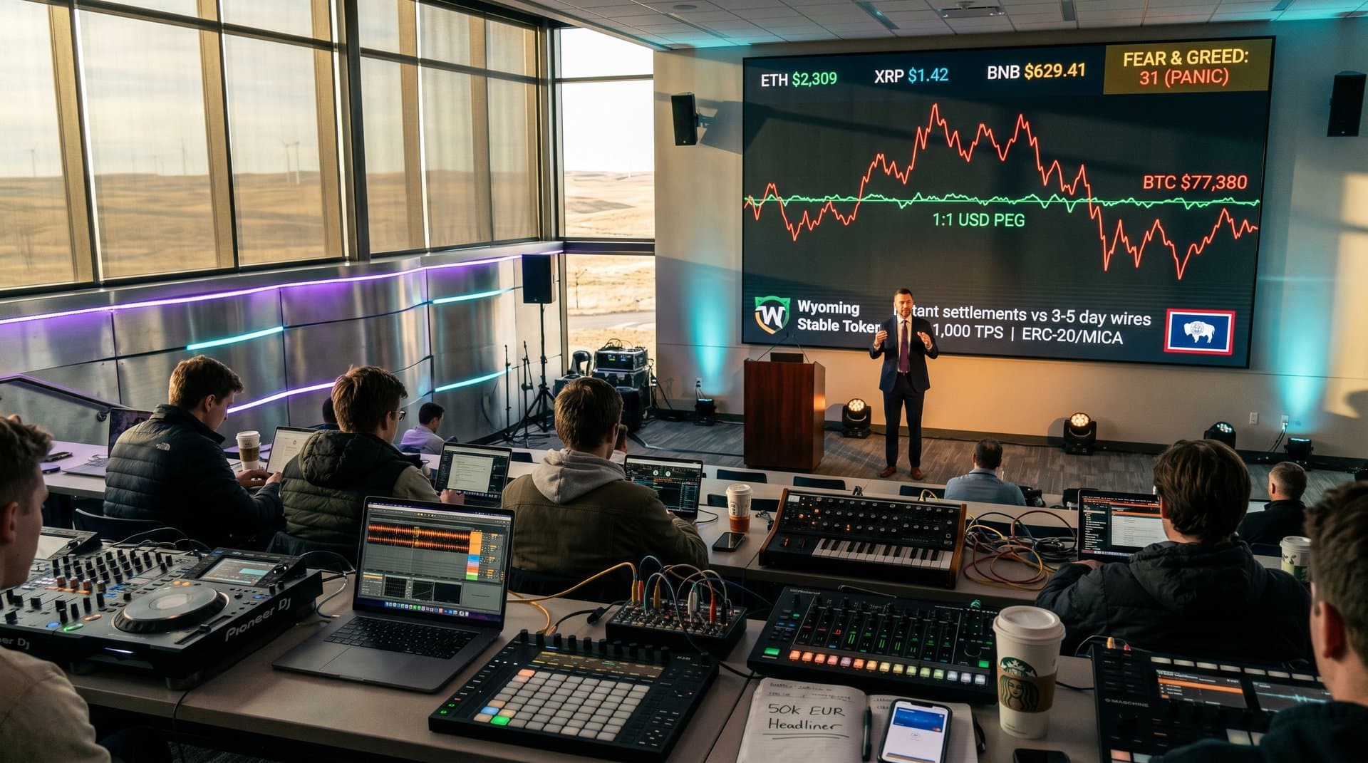Auditorium im Eastern Wyoming College mit Stablecoin-Präsentation, DJ-Gear auf Tischen und Blockchain-Charts auf Bildschirm