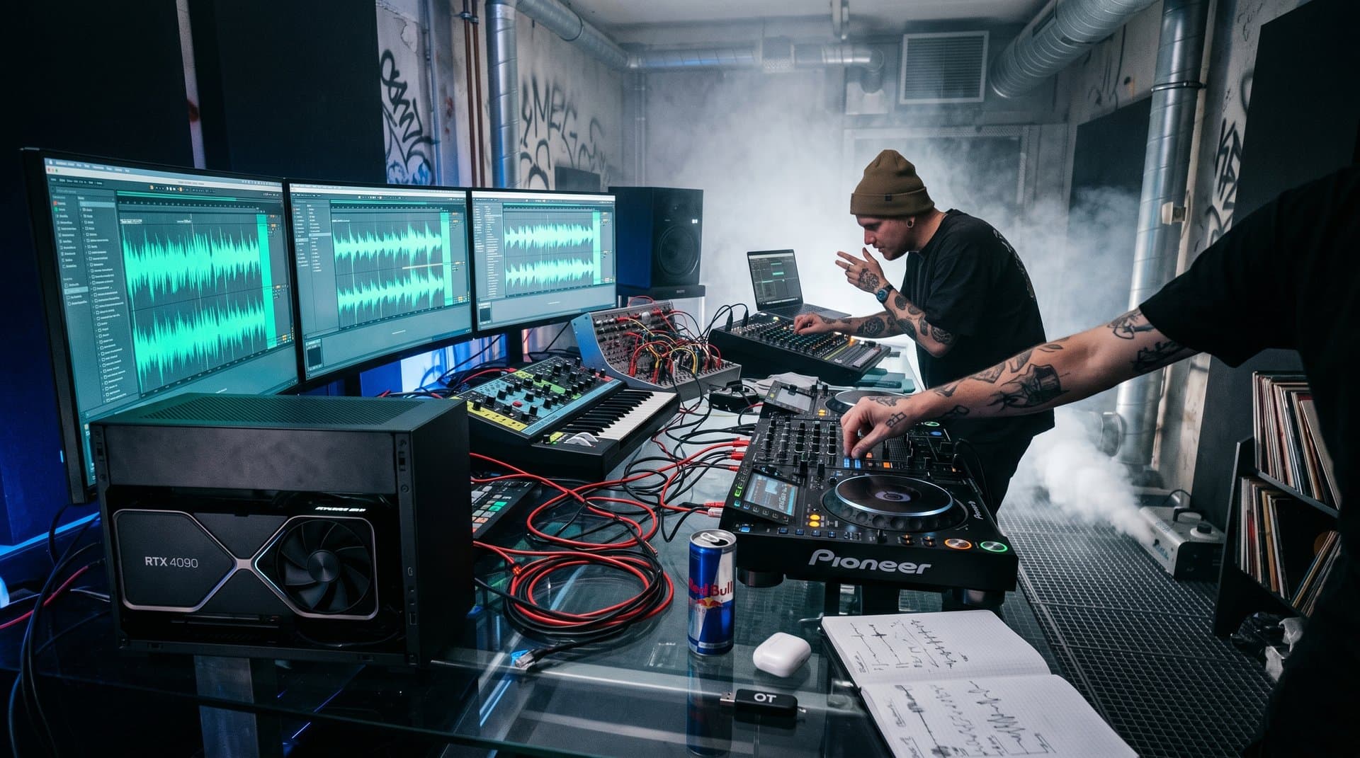 NVIDIA GPU-Rig in Berliner Techno-Studio mit Ableton-Waveforms und Synthesizern