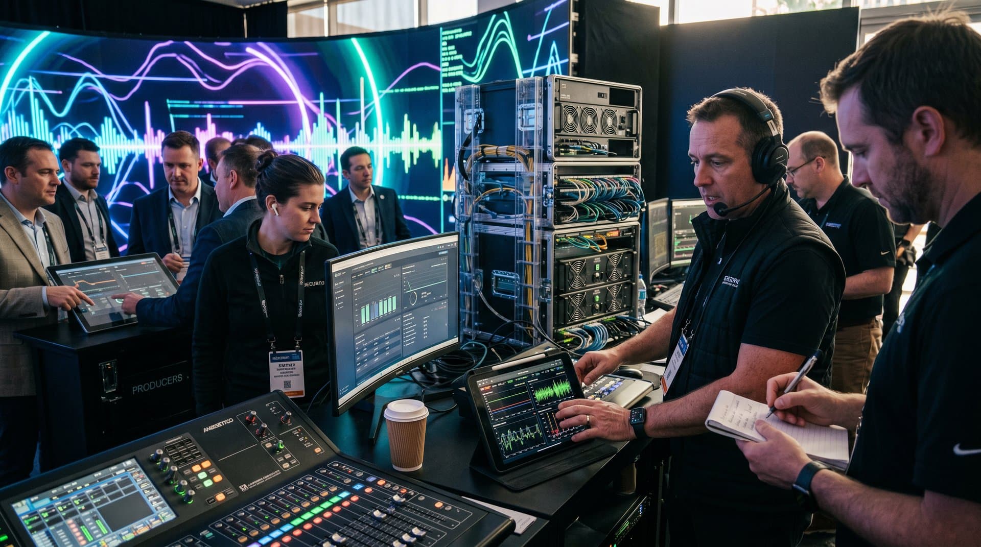 KI-gestützte Broadcast-Konsole mit 8K-Monitoren und live DJ-Techno-Set-Streams auf NAB Show Las Vegas