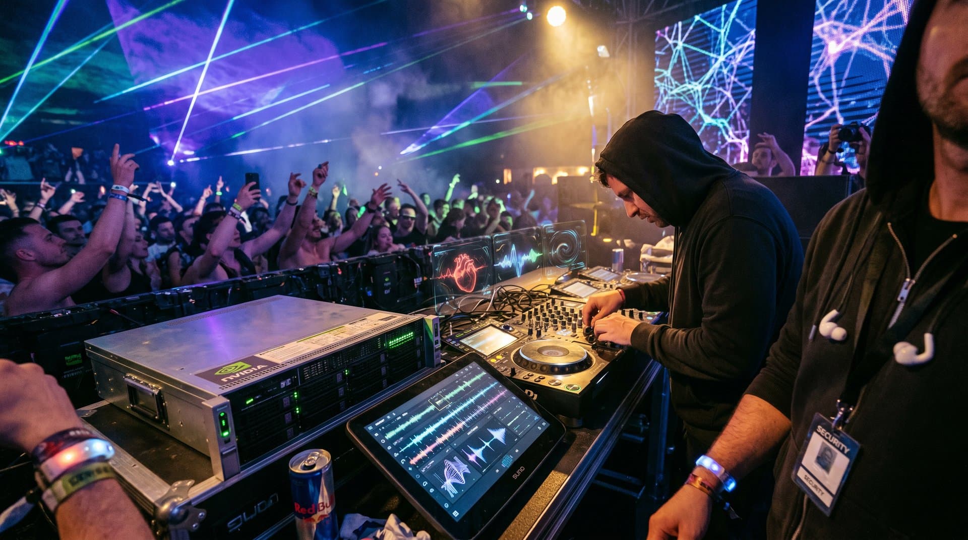 DJ-Pult mit AI-Waveforms und NVIDIA-Hardware auf EDM-Festival-Bühne
