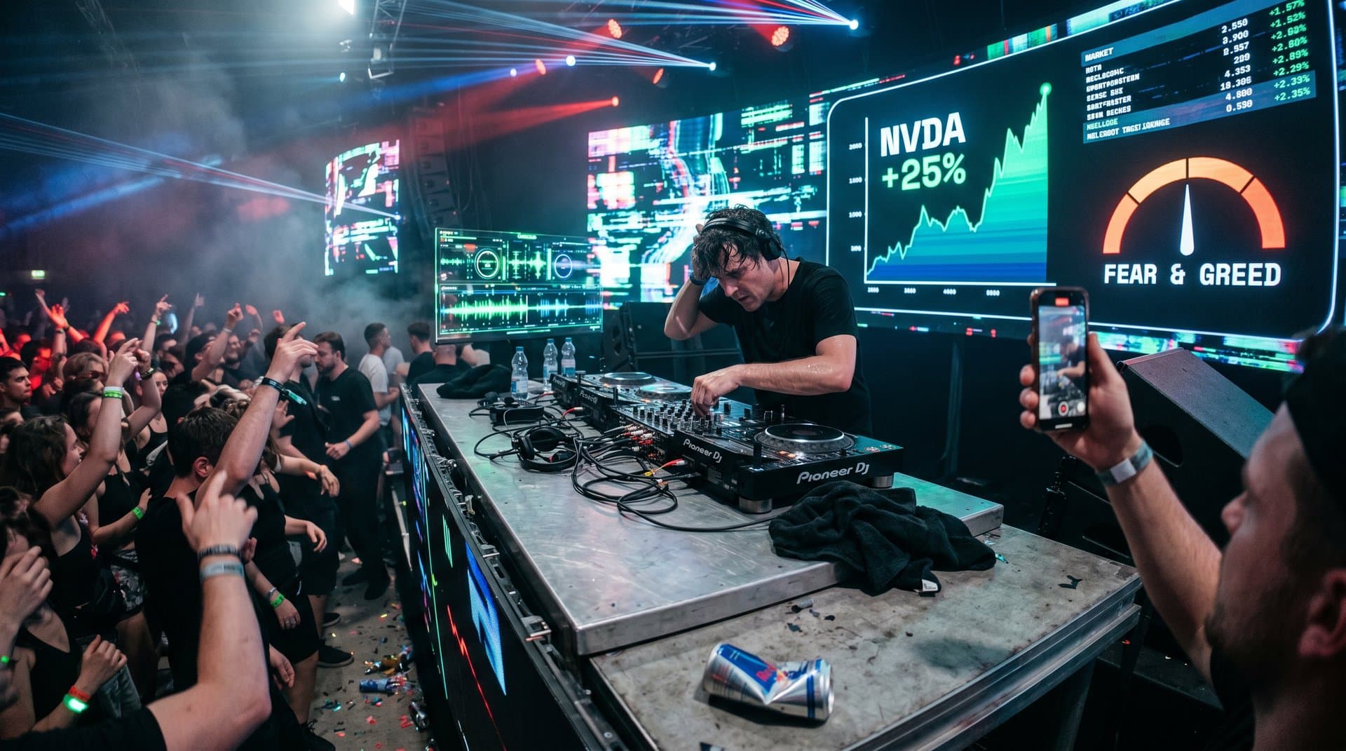DJ-Bühne Time Warp mit AI-Generierung, Nasdaq-Charts NVDA +25%, Fear & Greed 31, Festival-Crowd-Silhouetten