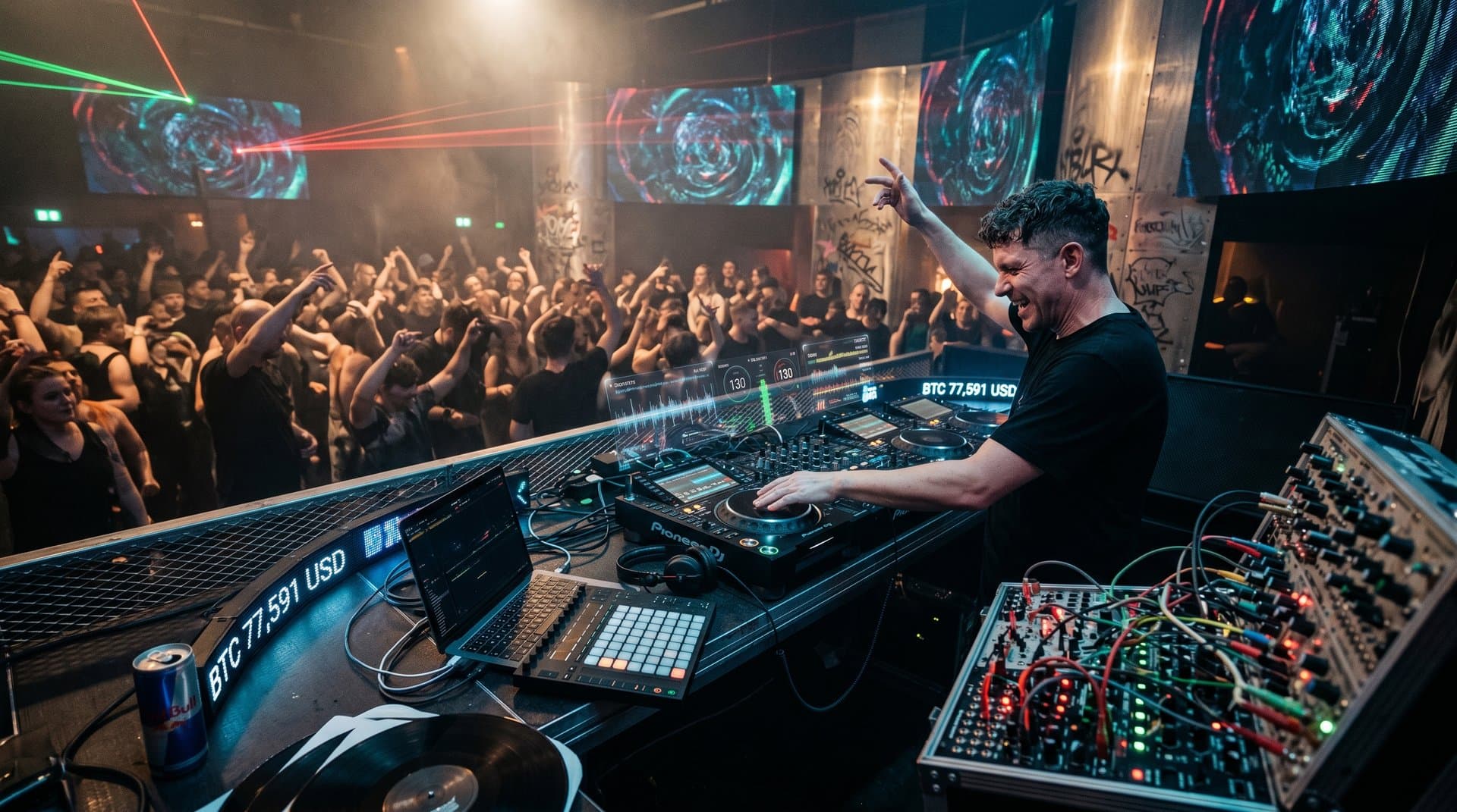 AI-gestütztes DJ-Pult mit Pioneer CDJ, Synthesizer und BTC-Tickern in Techno-Club-Atmosphäre