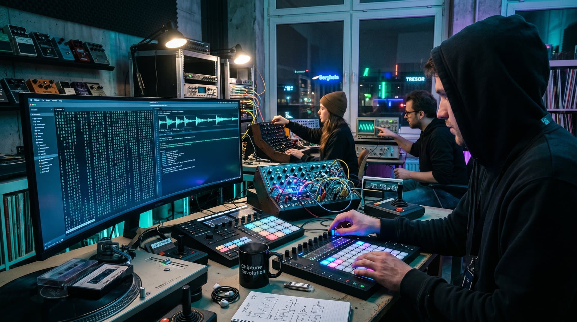 Produzent analysiert C64-Code auf Ultrawide-Monitor in modernem Berliner Studio mit Synths und Hardware-Controllern umgeben