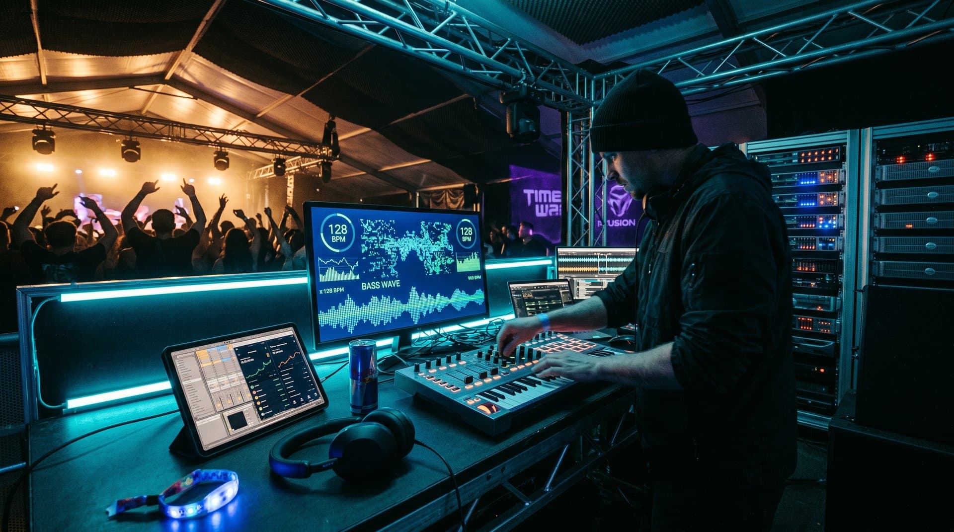 Futuristisches AI DJ-Pult mit BPM-Displays und Festival-Lichtern revolutioniert elektronische Musikszene