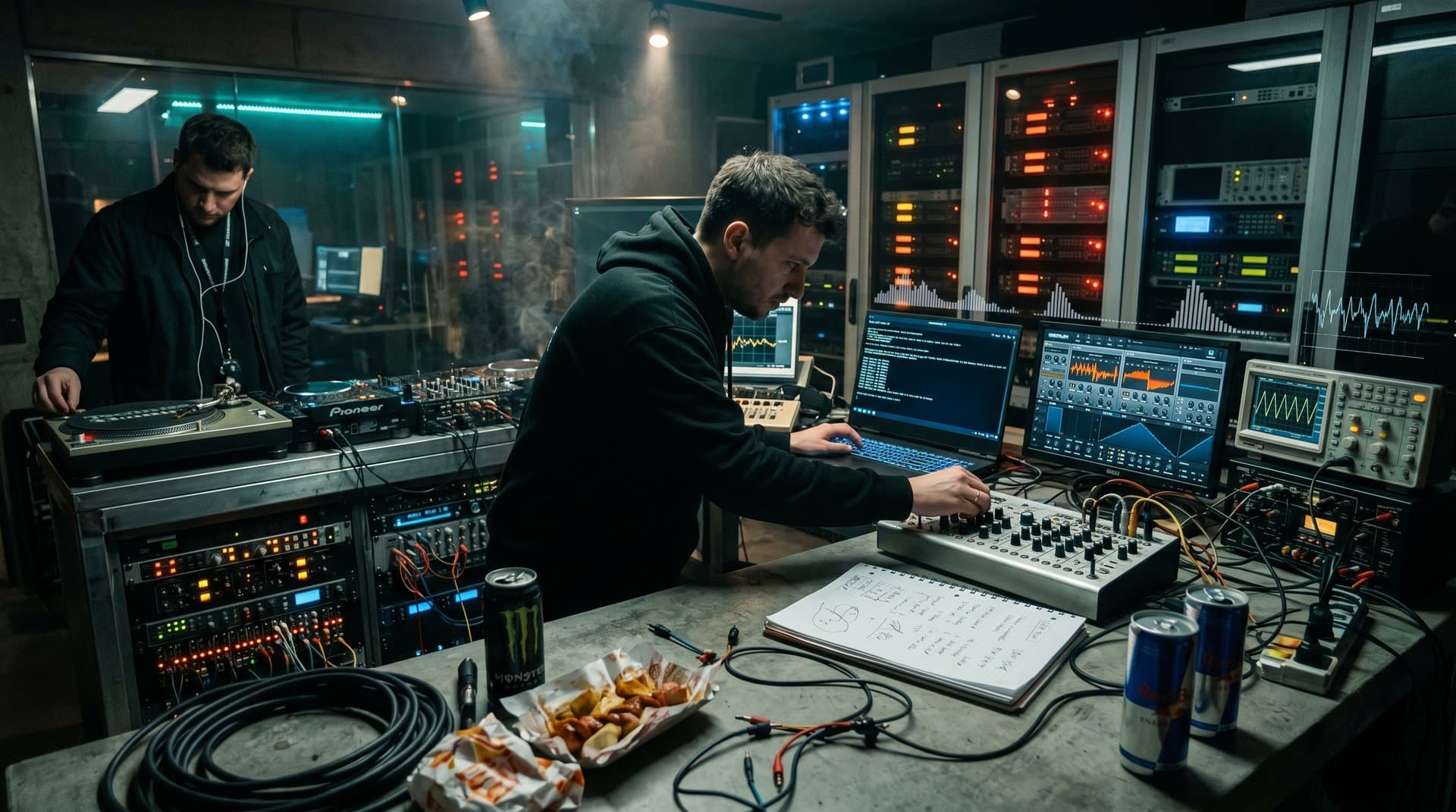 Techno-Studio mit AI-Waveforms, Synthesizern und DJ-Equipment unter Neonlichtern
