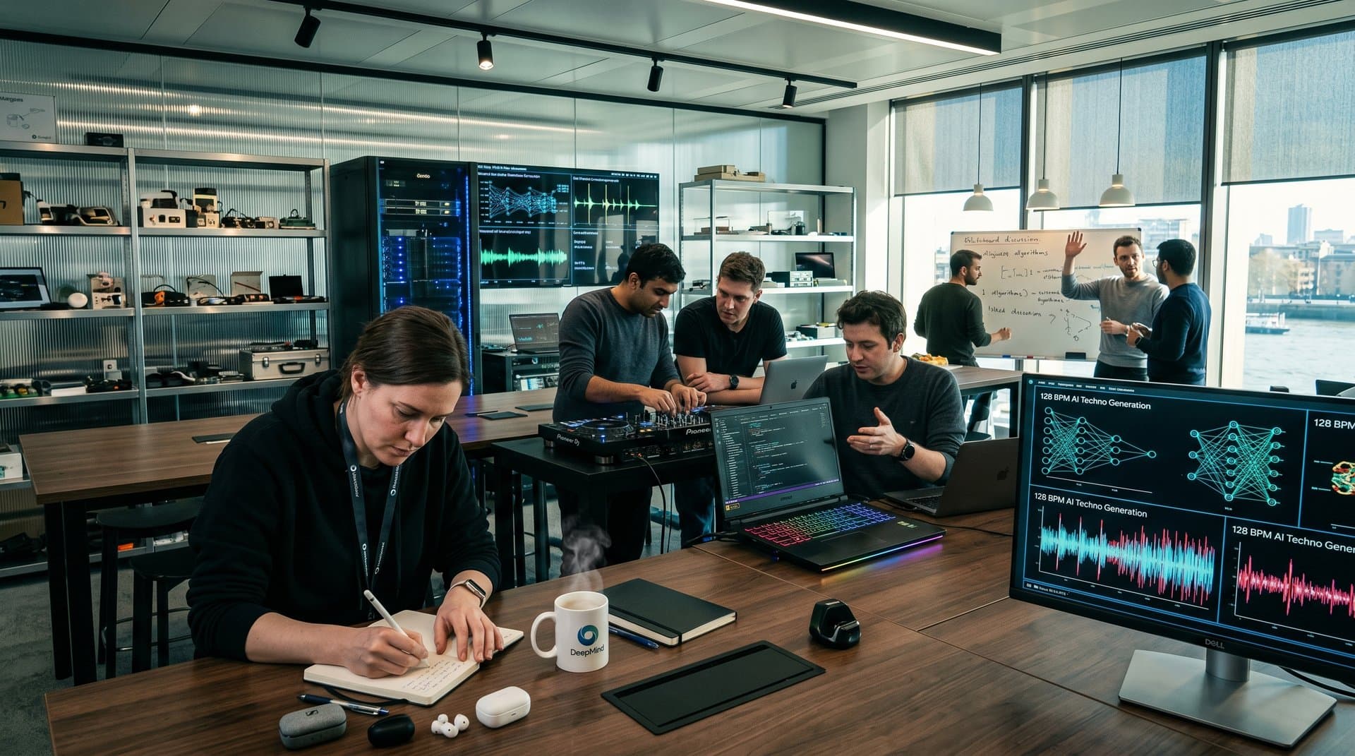 Engineers in Google DeepMind lab collaborate on AI music generation setups with monitors showing waveforms, DJ controllers and server racks in modern workspace