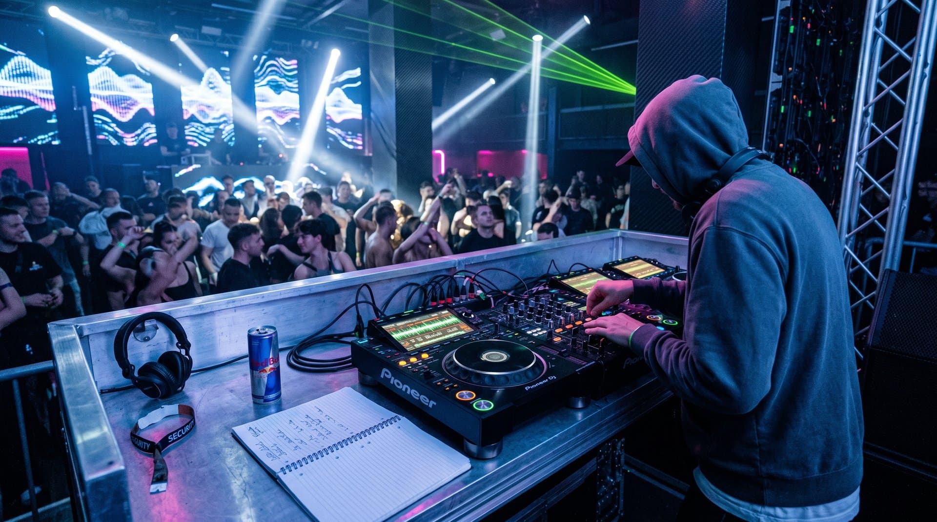 DJ-Booth mit AI-Tools in Techno-Club: Screens zeigen Mixing-Algorithmen, neonbeleuchtete Controller und tanzende Crowd