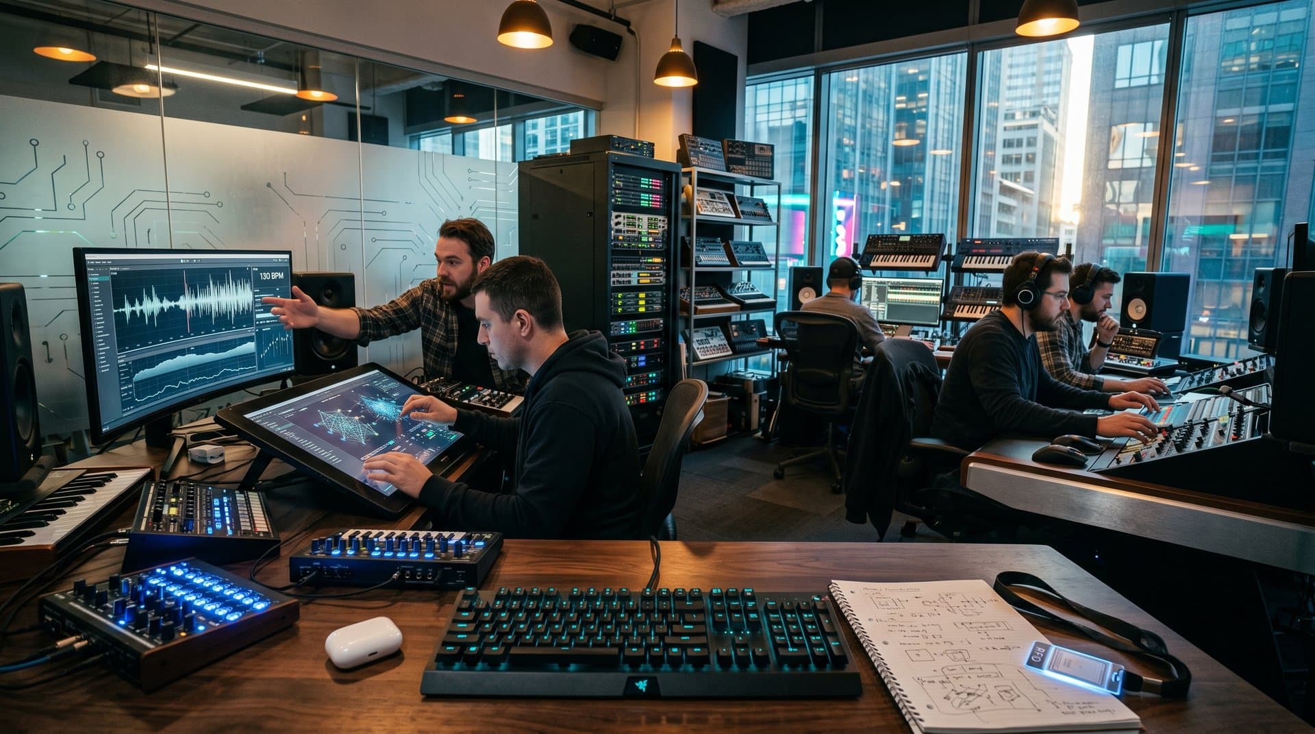 Futuristisches AI-Musik-Studio mit Waveforms, Beats und Hardware auf Walnuss-Desks