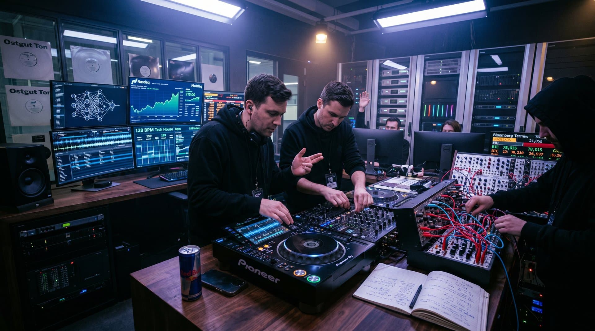 AI-Labor mit Monitoren voller Wellenformen, BPM, DJ-Controller und Nasdaq-Charts in moderner Umgebung
