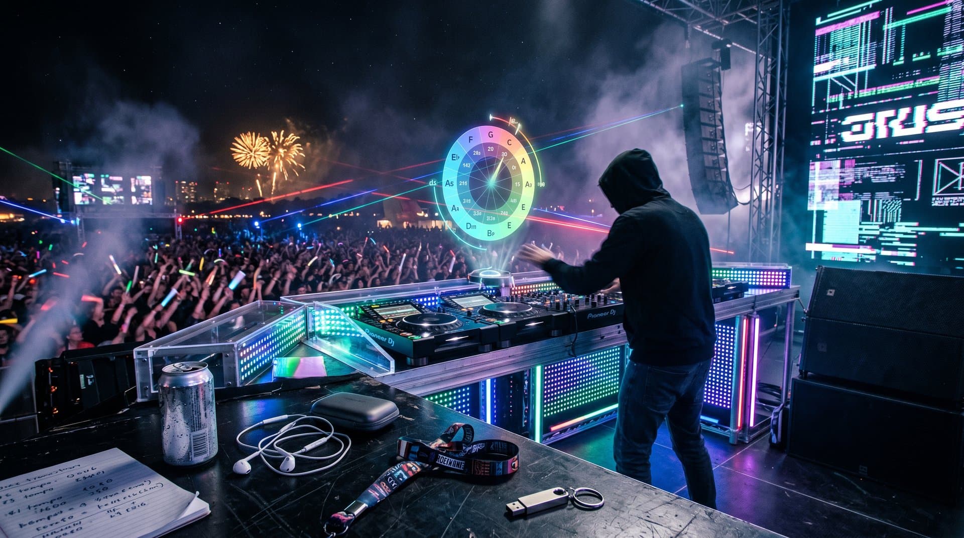 DJ-Pult mit AI-Waveforms und Auto-Mixing auf Festival-Stage bei Nacht