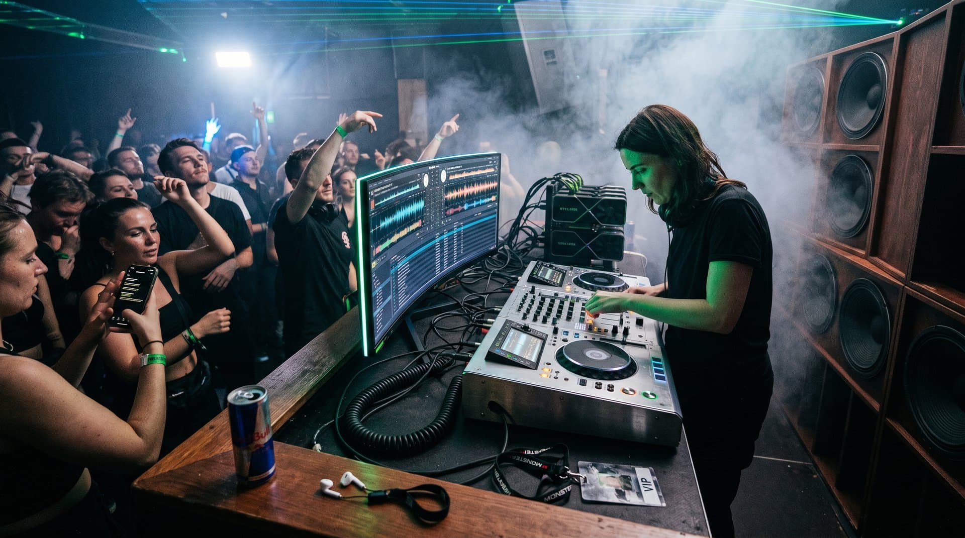 Futuristisches DJ-Setup mit NVIDIA-GPUs, pulsierenden Audio-Waveforms und 128 BPM Beatmatching in Berghain-ähnlichem Club