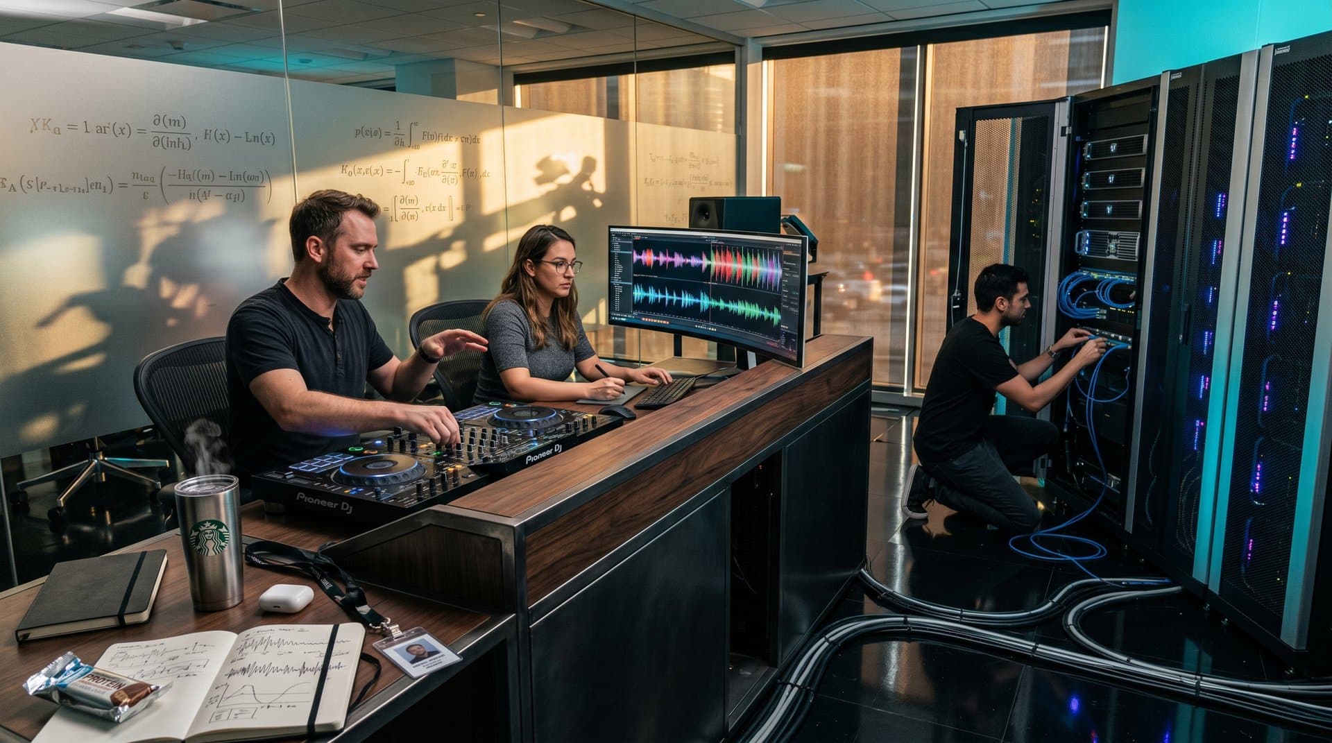 AI-Labor mit DJ-Controller und pulsierenden Techno-Waveforms