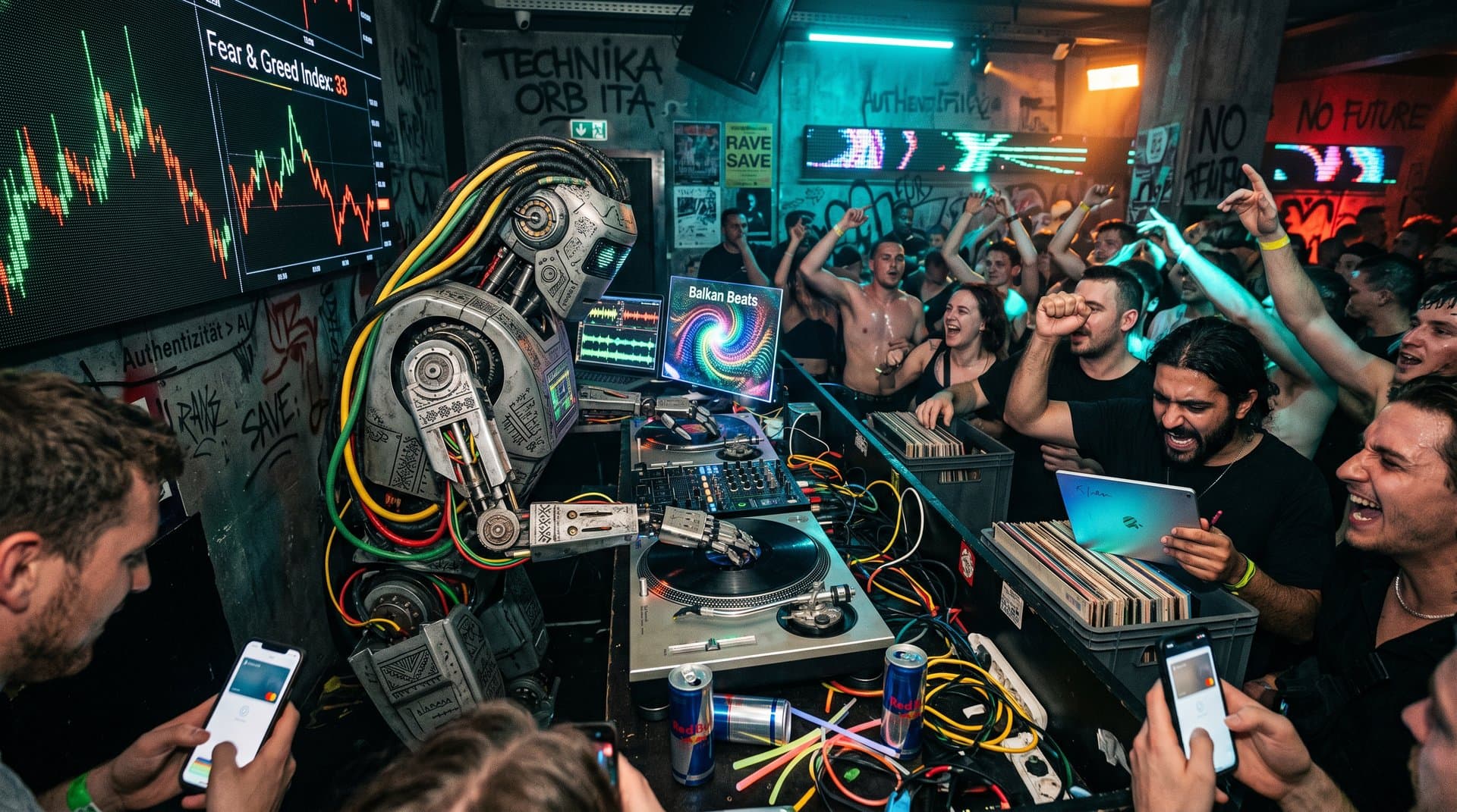 Roboter-DJ mit Balkan-Motiven mixt in Techno-Club, Crypto-Charts und protestierende DJs