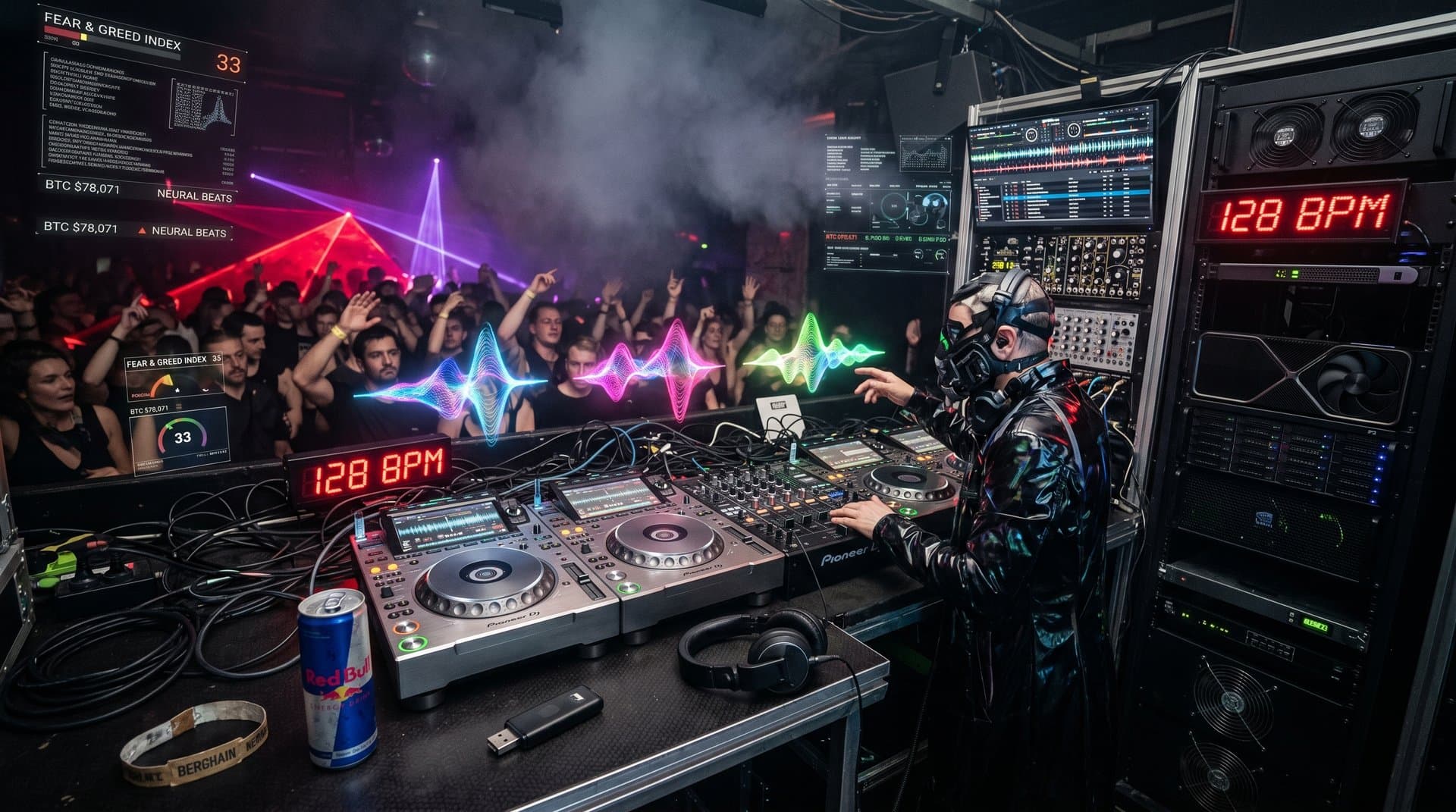 Futuristisches AI-DJ-Pult mit holografischen Wellenformen in neonbeleuchtetem Club, Synths und Server-Racks