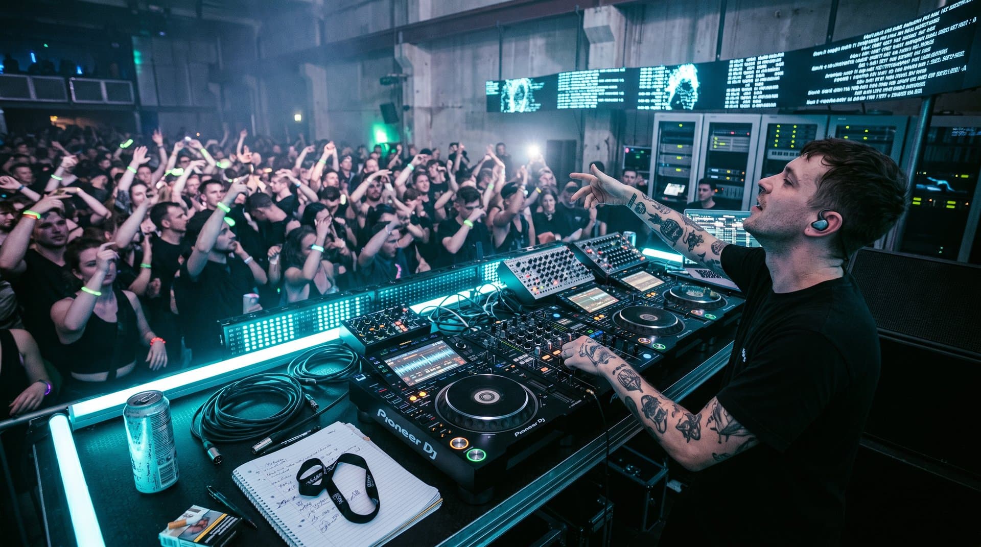 DJ-Pult mit AI-Waveforms und Techno-Visuals in cyberpunk-Club-Atmosphäre