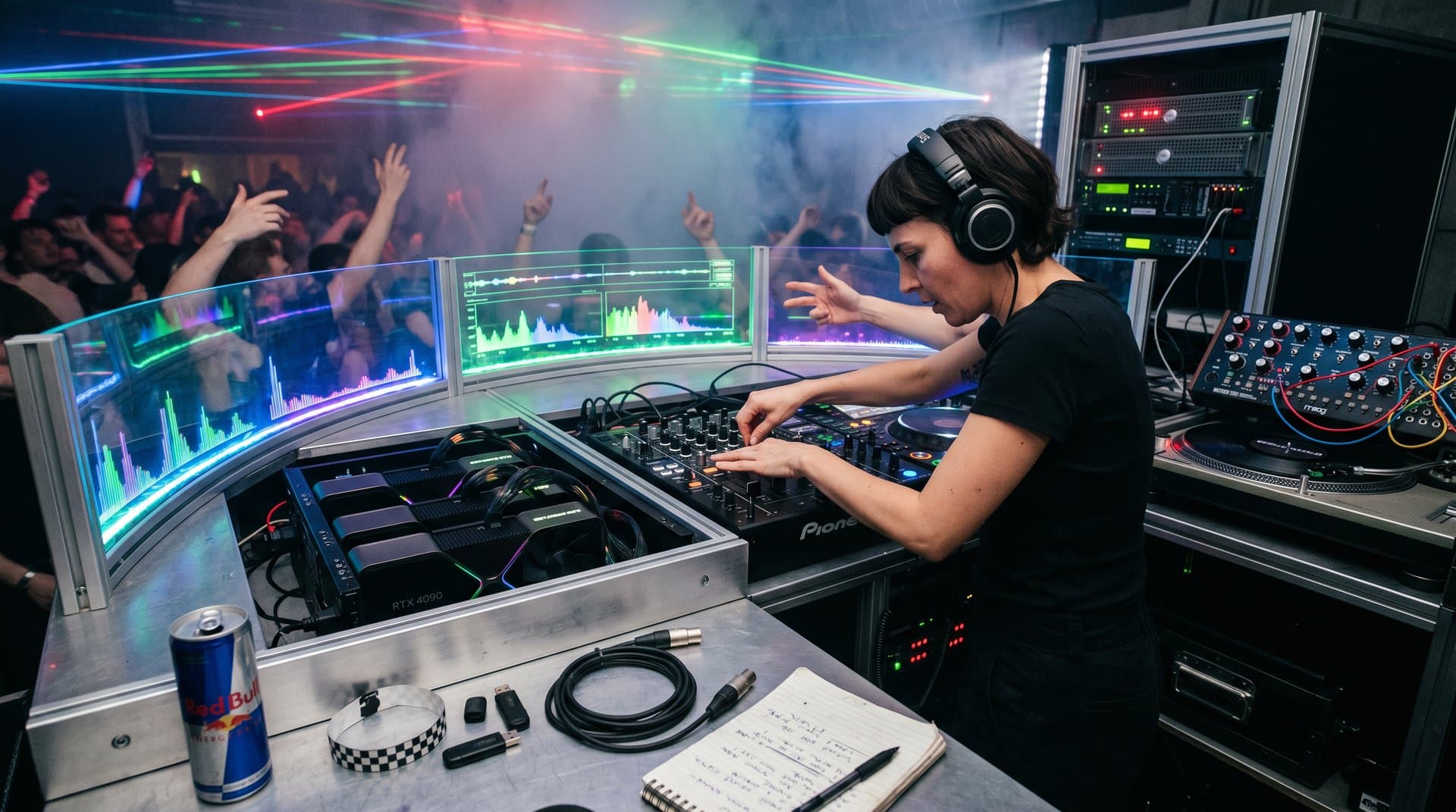 DJ-Pult mit AI-Waveforms, NVIDIA GPUs und Techno-Beats in Berliner Club-Atmosphäre
