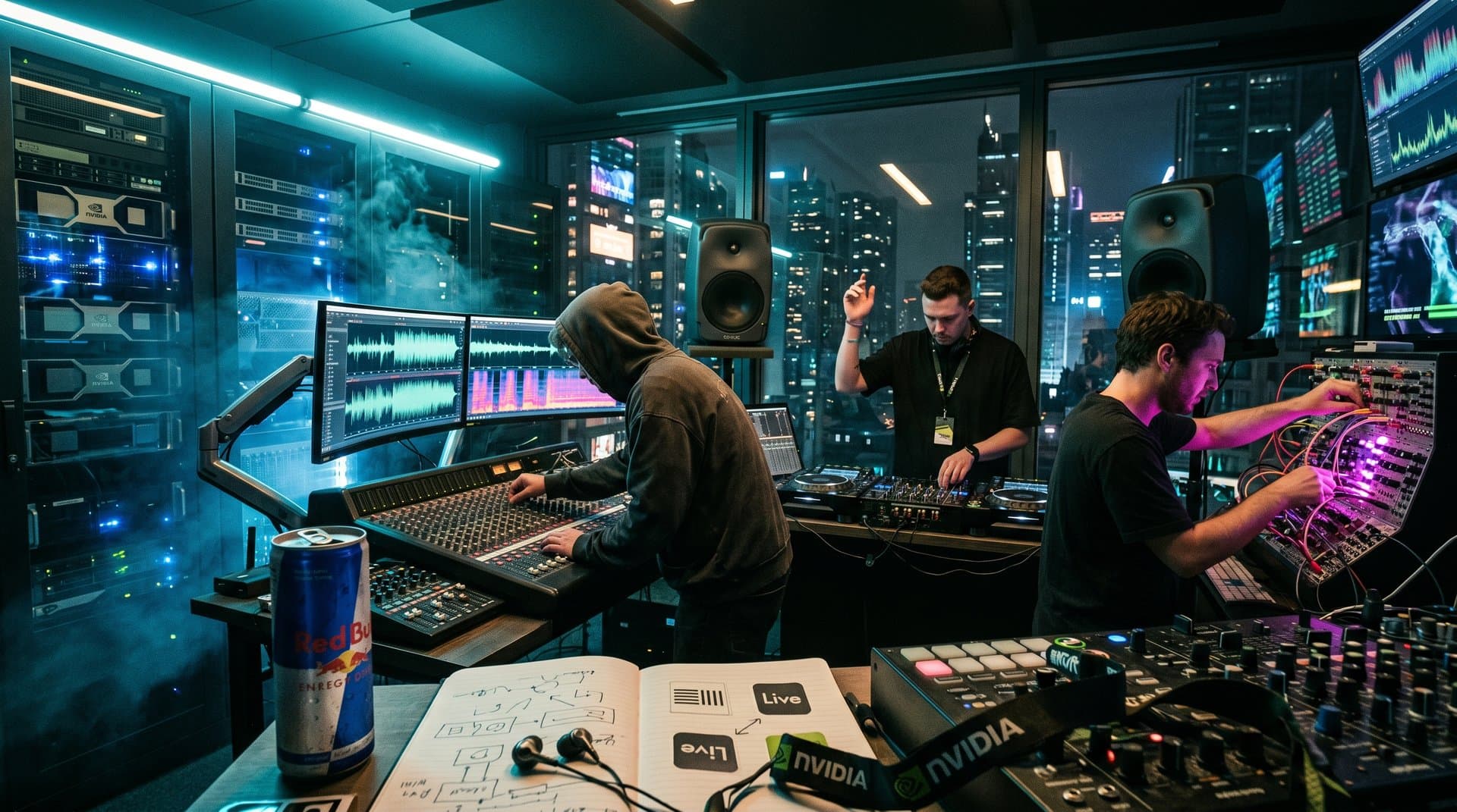 AI-Technik in Electronic Music Studio: GPUs, Wellenformen, CDJs und Server-Racks