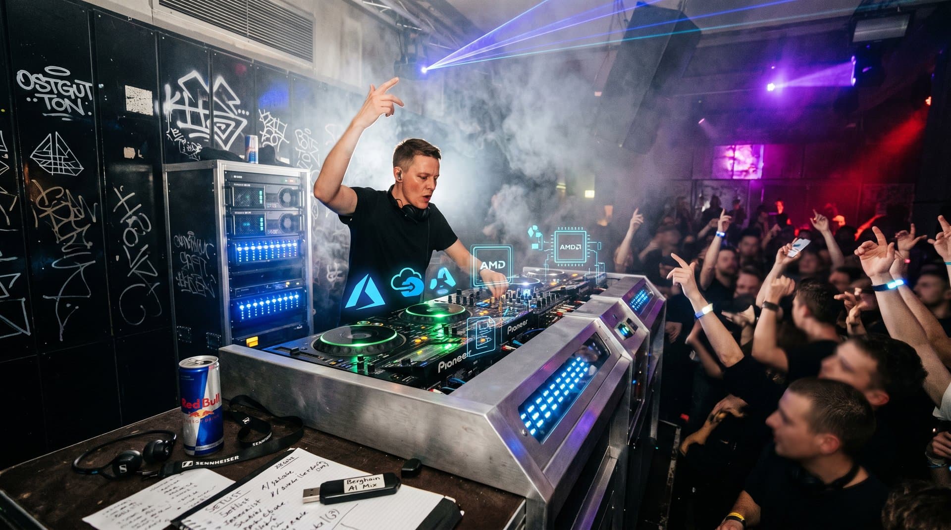 Futuristisches DJ-Pult mit AI-Aktien DJ-Tools, Nvidia-GPUs und Waveforms in Berliner Techno-Club