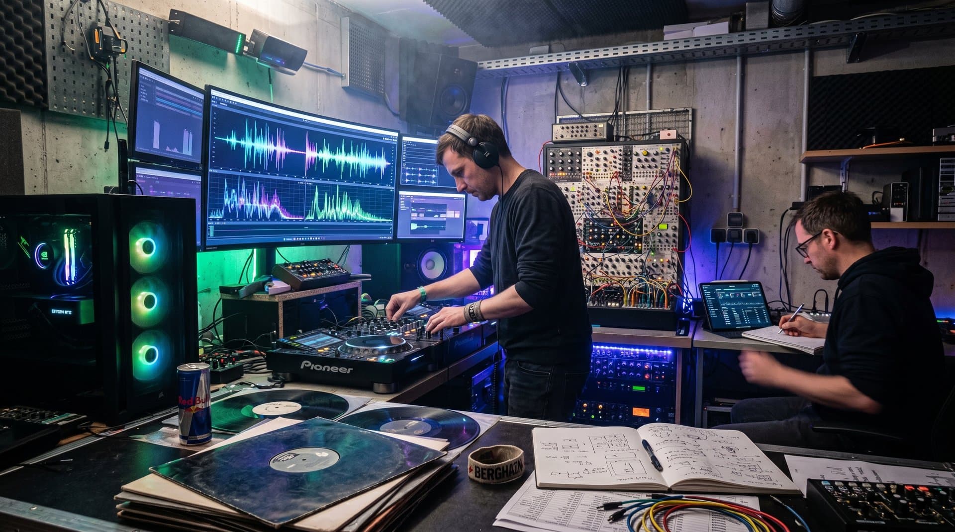 DJ-Setup mit NVIDIA-GPU, AI-Techno-Waveforms und Pioneer-Controller in Berliner Studio