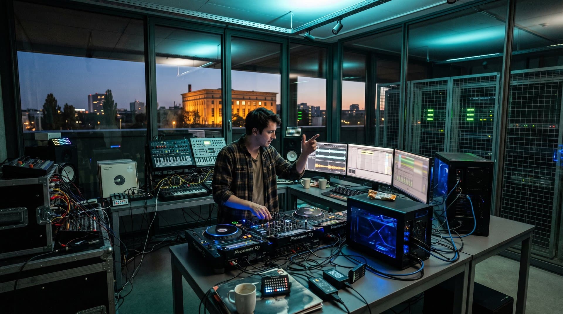 AI-Labor mit DJ-Controller, Waveforms, GPU-Servern und Festival-Postern in high-tech Design
