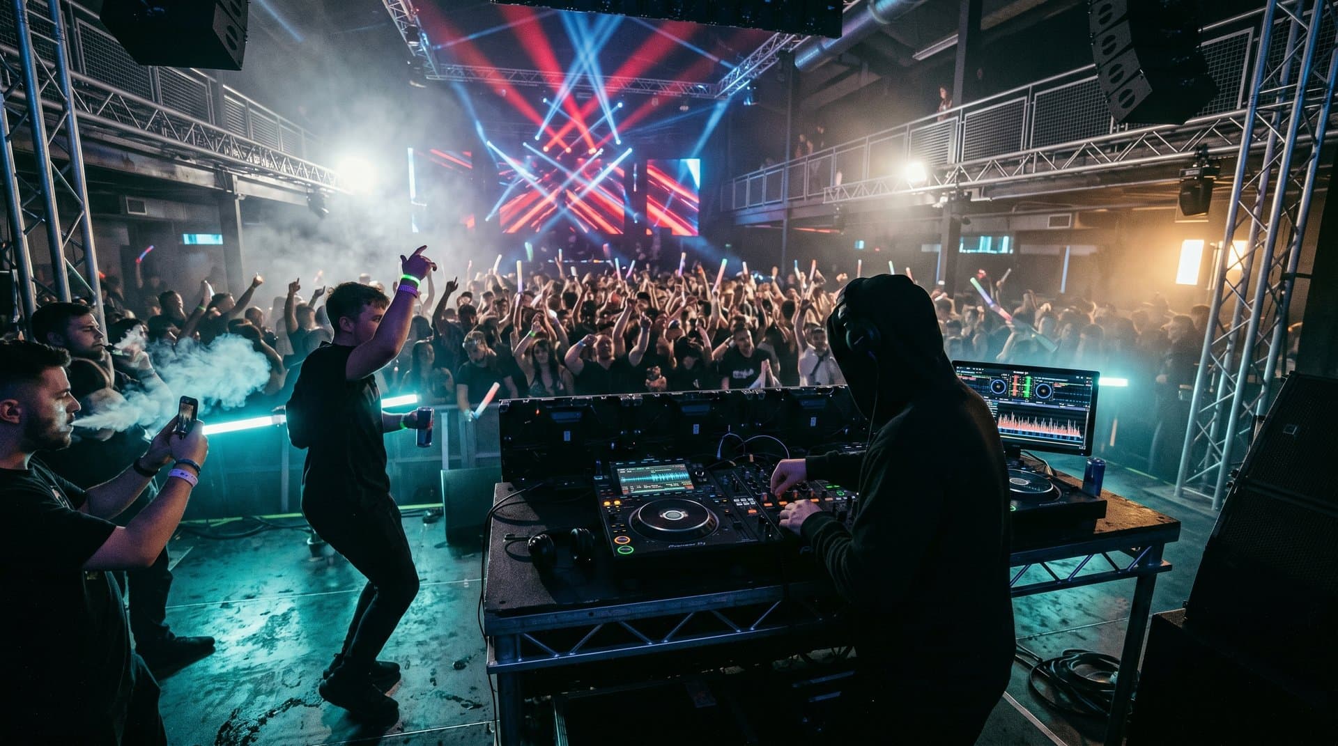 DJ booth auf Festival-Mainstage mit AI-gestütztem Pioneer CDJ-4000, pulsierende Beats und Crowd bei Techno-Set