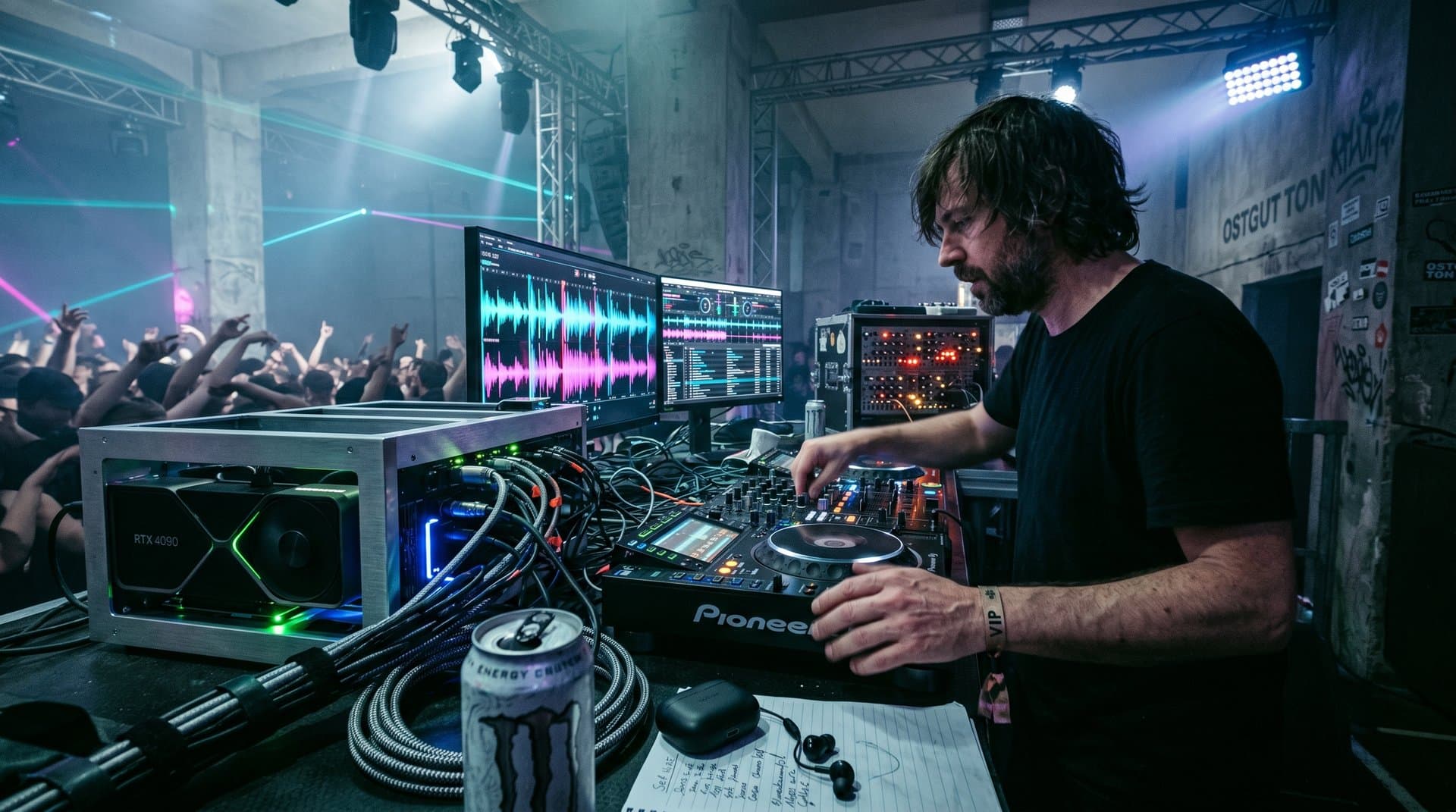DJ-Pult mit NVIDIA GPUs und AI-Waveforms in Berliner Club-Atmosphäre