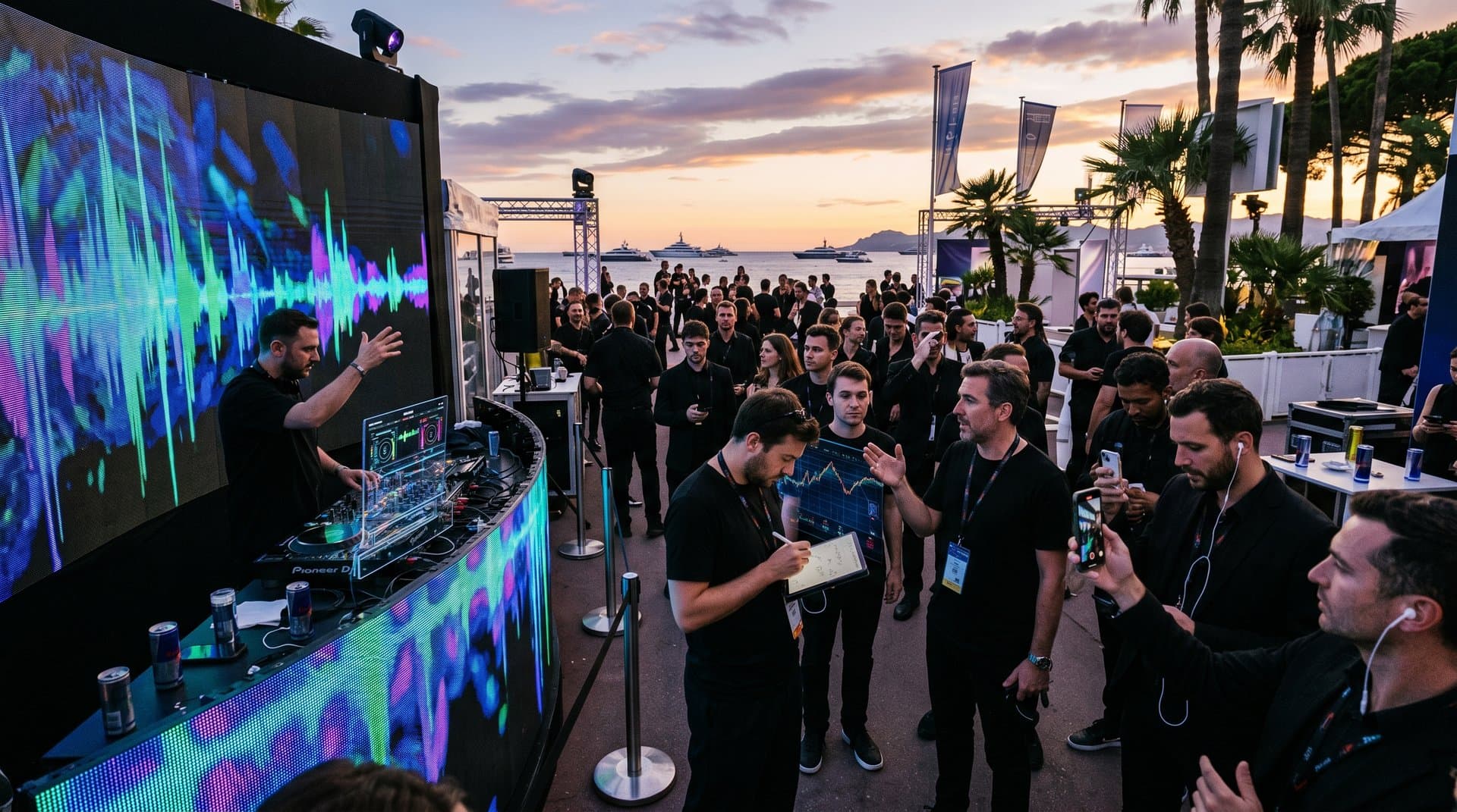 Cannes Croisette mit AI-EDM-Visuals auf Screen und DJ-Booth