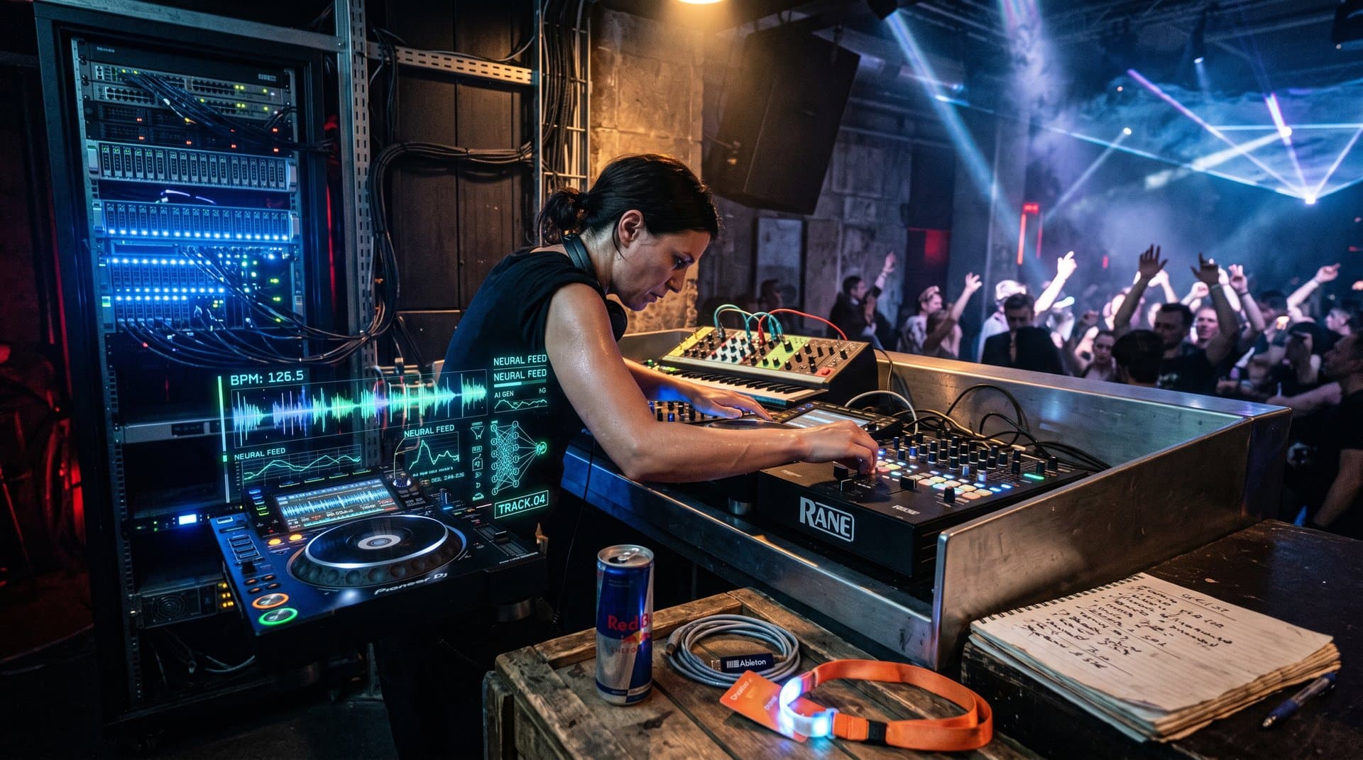 AI-gestütztes DJ-Setup mit Pioneer-Controller, Wellenformen und Server-Racks in Techno-Club-Atmosphäre