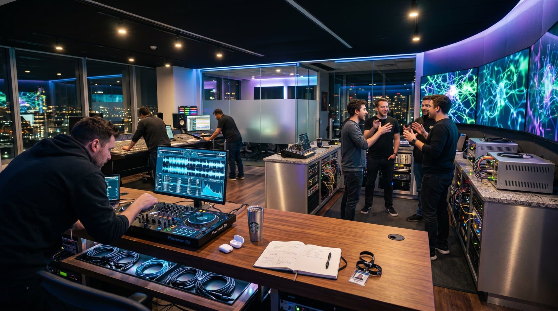 AI-Musikstudio mit Producer an Monitoren, Audio-Wellenformen, DJ-Controller und GPU-Racks in pulierender Tech-Atmosphäre