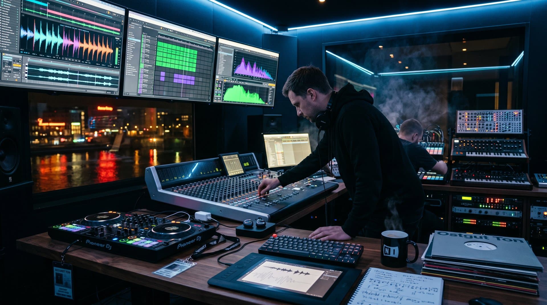 DJ-Setup mit AI-Monitoren, Pioneer-Controller und Synths in Berlin-Studio