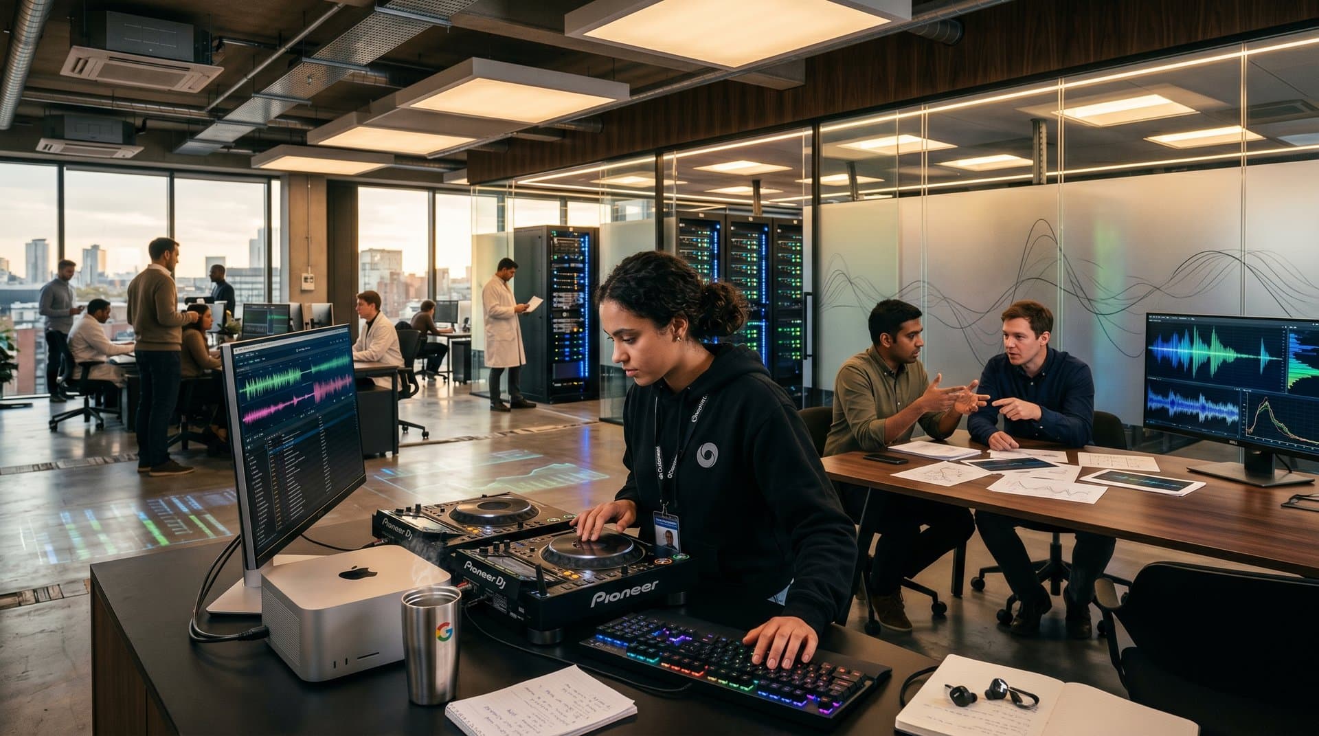 Ingenieure in Google DeepMind Lab kalibrieren AI auf DJ-Controller vor Server-Racks mit Waveform-Screens und Kaffeetassen