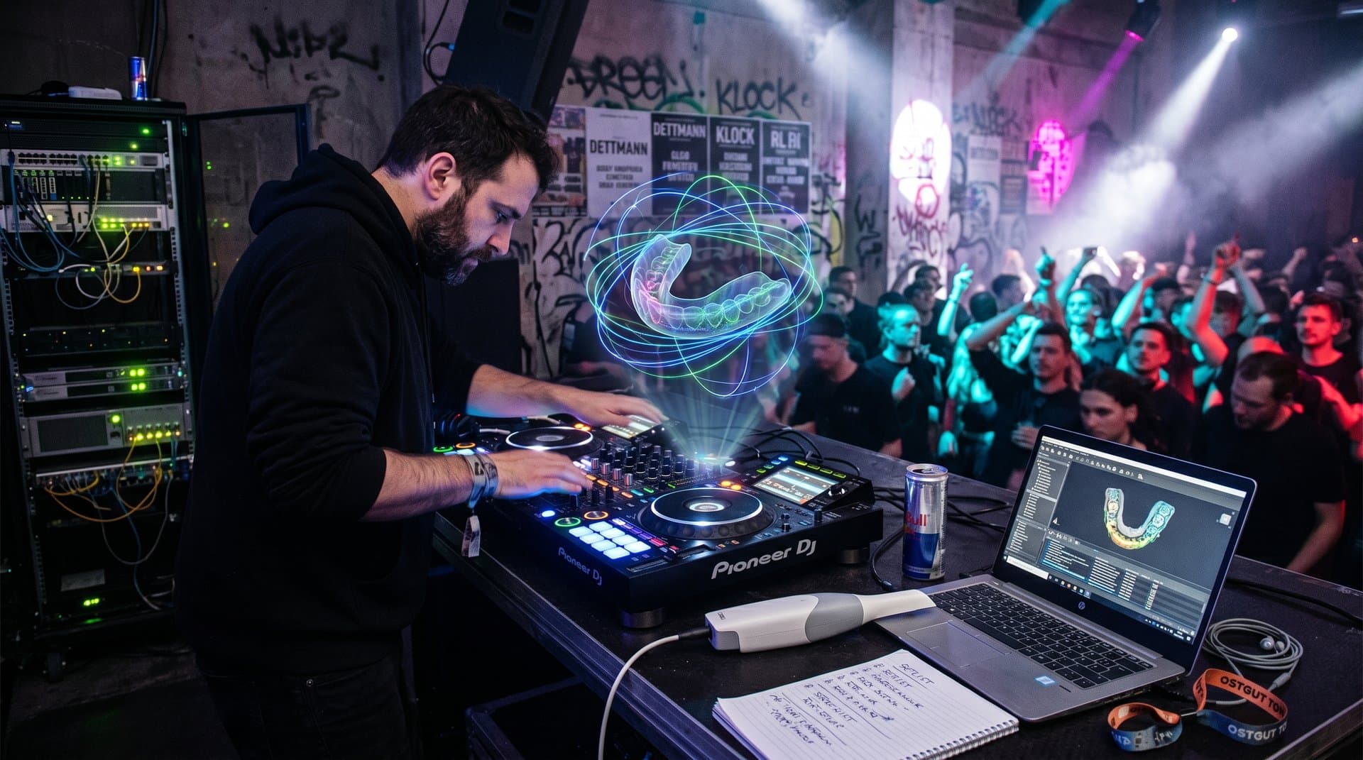 DJ-Booth mit 3D KI-Dental-CAD-Modell und Techno-Club-Atmosphäre