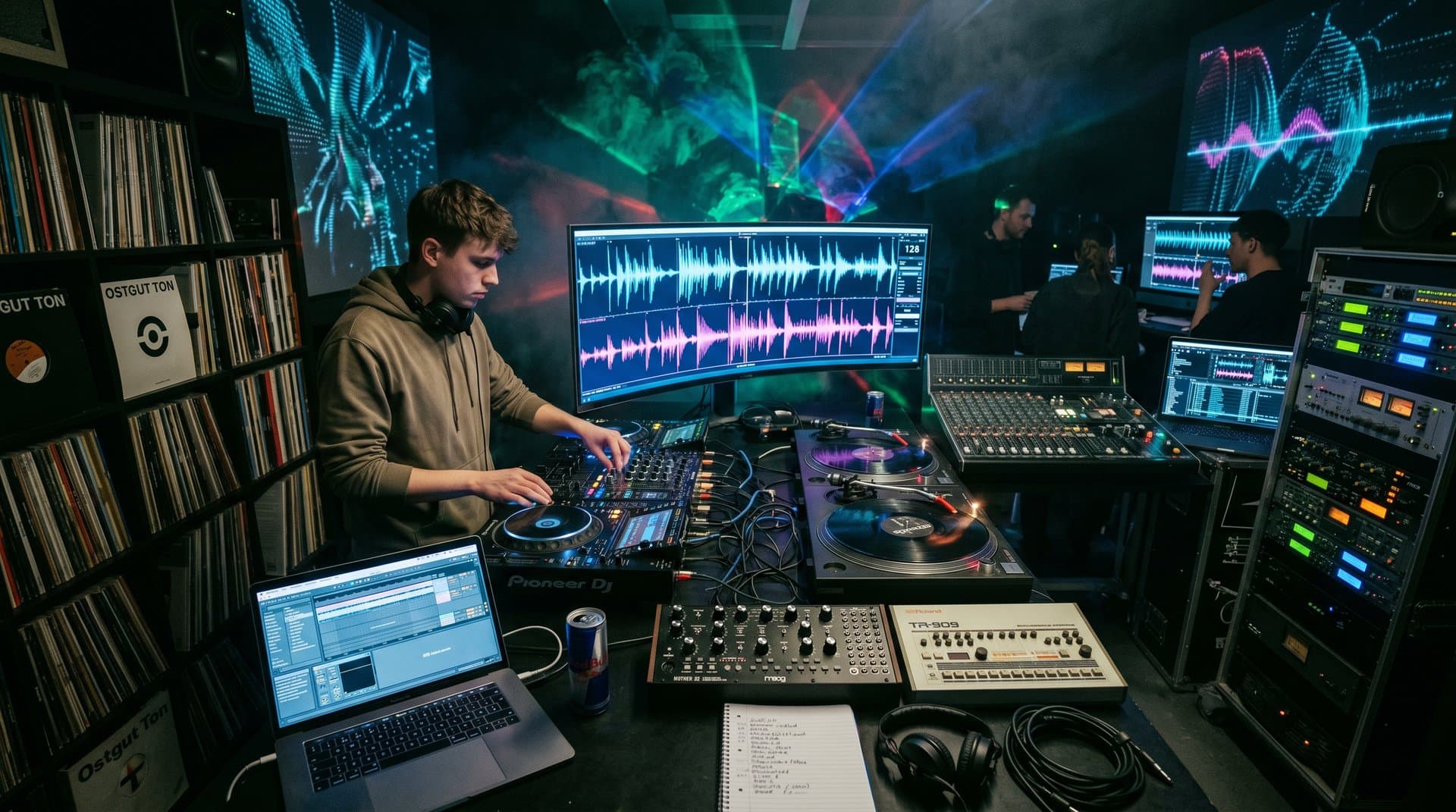 DJ-Pult mit KI-Waveforms, Pioneer-Controllern und Synthesizern in Berliner Studio bei 128 BPM Techno