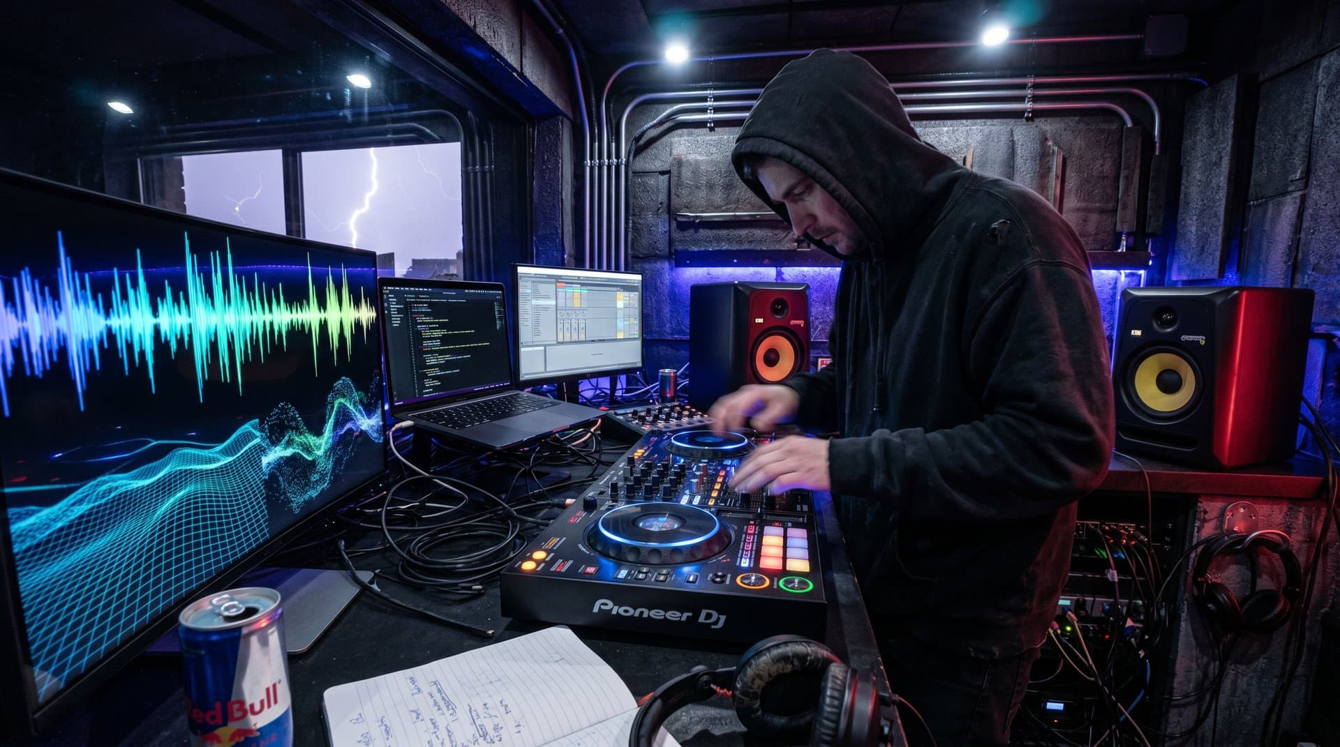 DJ-Studio-Setup mit VibeVoice-AI-Wellenformen, Pioneer-Controller und Spektren auf Monitor