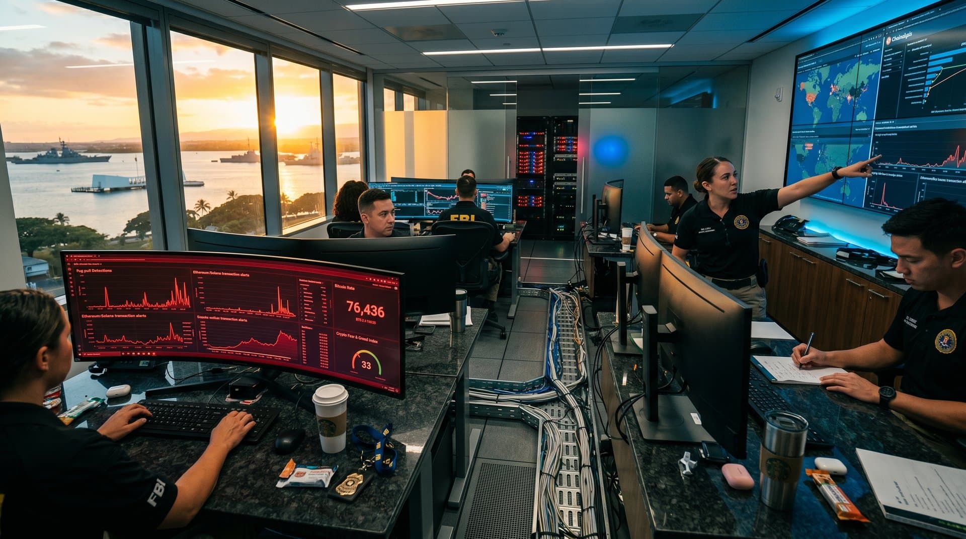 FBI Cyber operations center monitors rug pull scams with blockchain dashboards and Hawaii harbor view