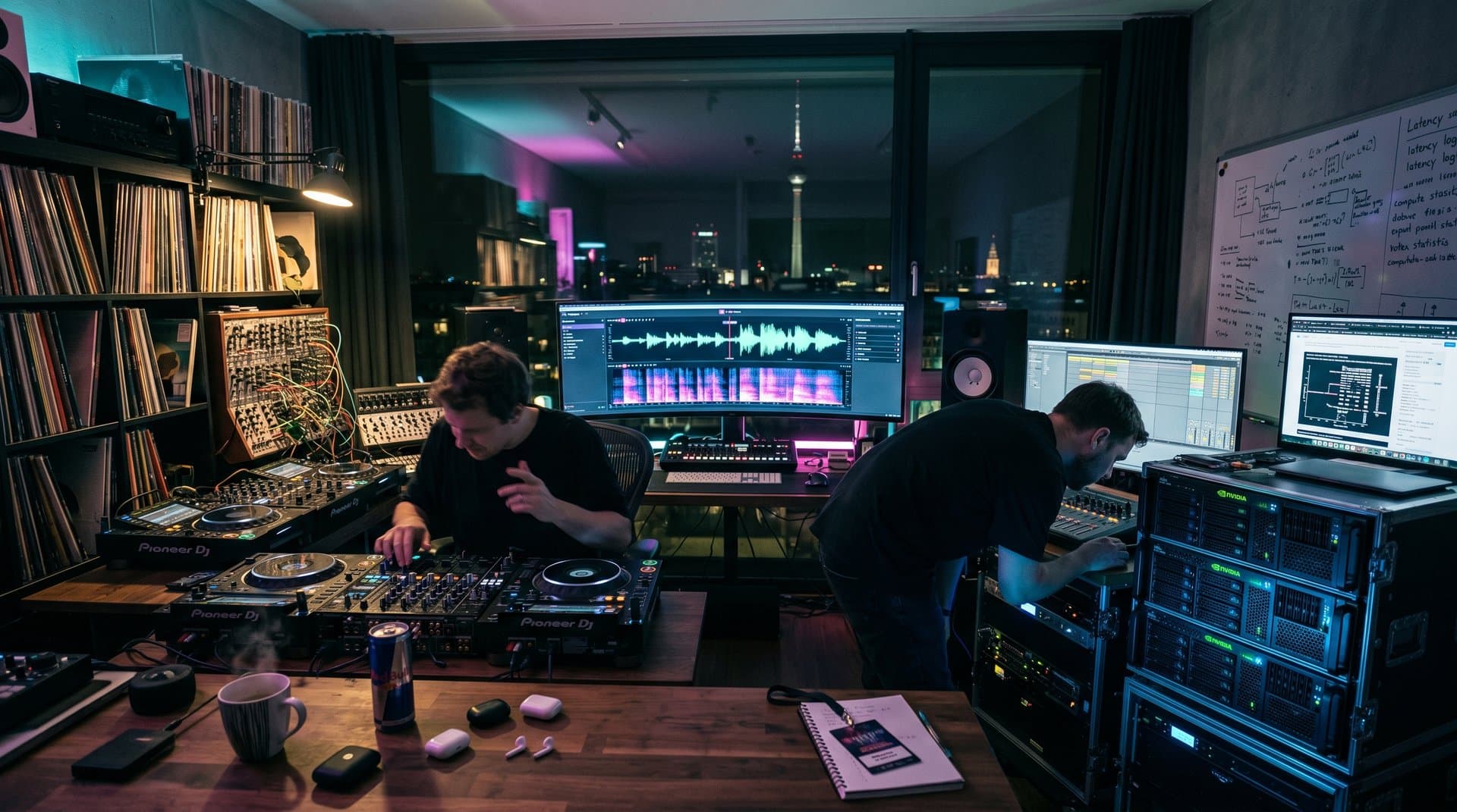 Microsoft AI Lab mit GPU-Racks, VibeVoice-Waveforms auf Monitoren und Studio-Equipment