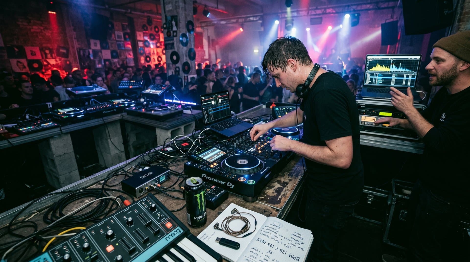 DJ-Setup mit CDJ-3000, Waveforms und 300ms TTS-Metriken in Berliner Club-Loft