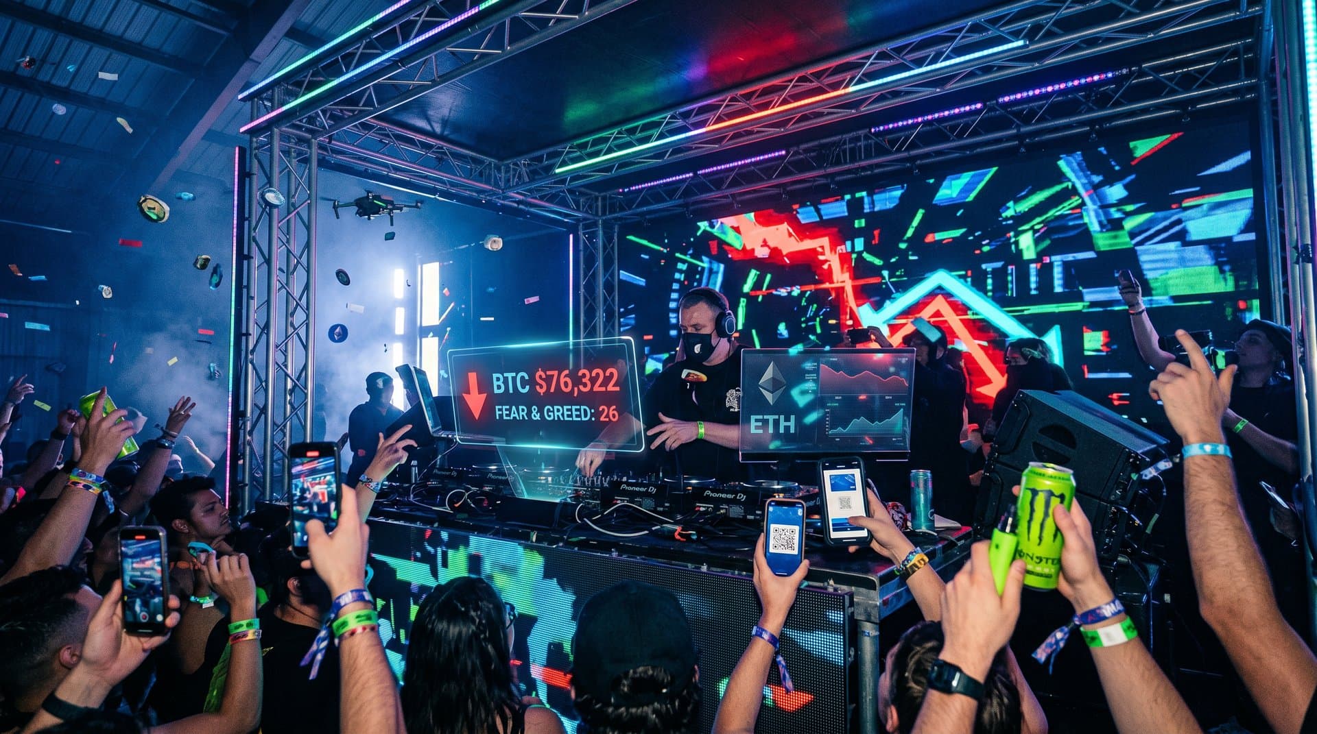 DJ-Booth mit Crypto-Charts BTC 76.322 USD und Fear 26 auf Festival, holografische Bildschirme und pulisierende LEDs