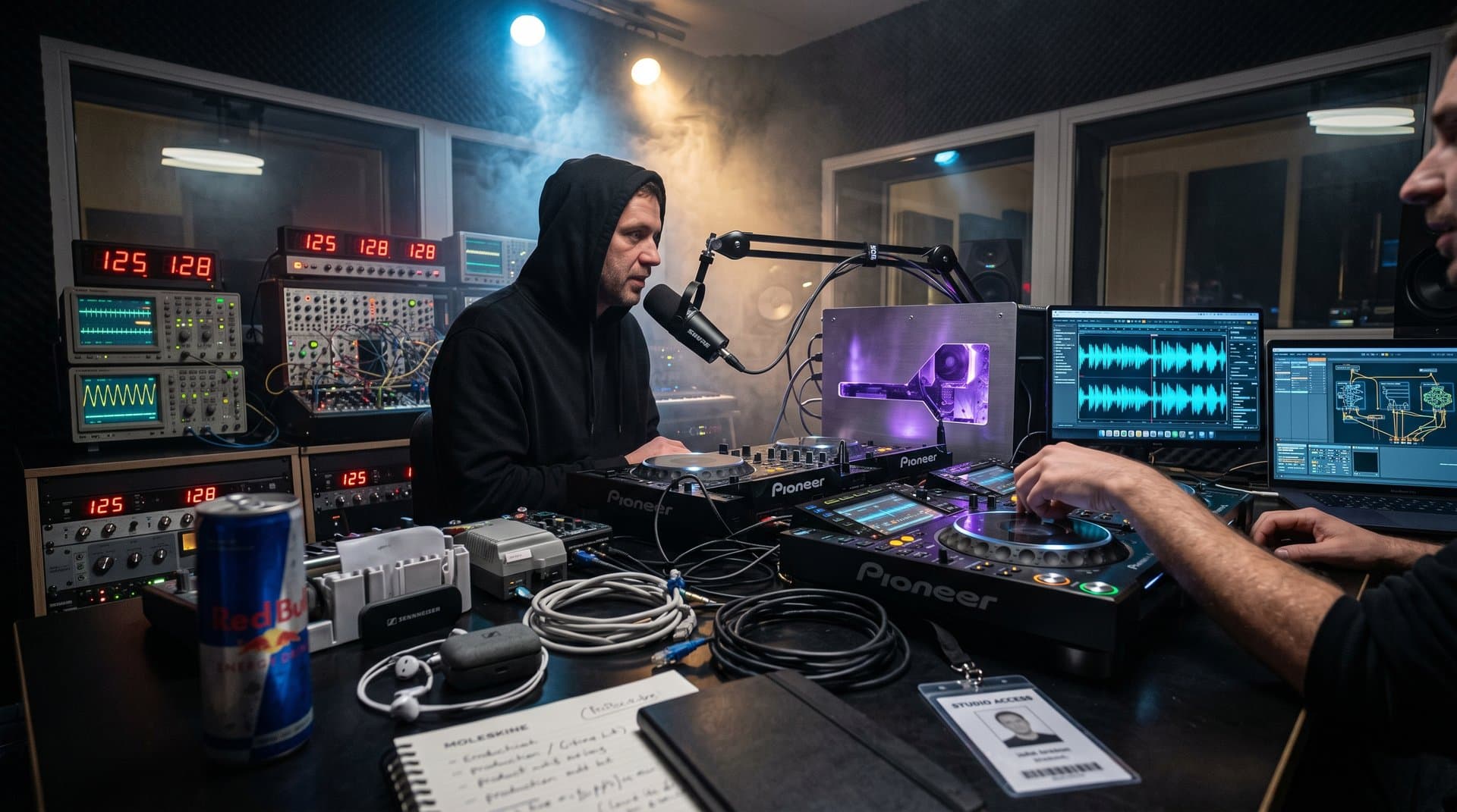 DJ studio with Pioneer controller, voice AI waveforms on screens, microphone and GPU setup in electronic music production environment