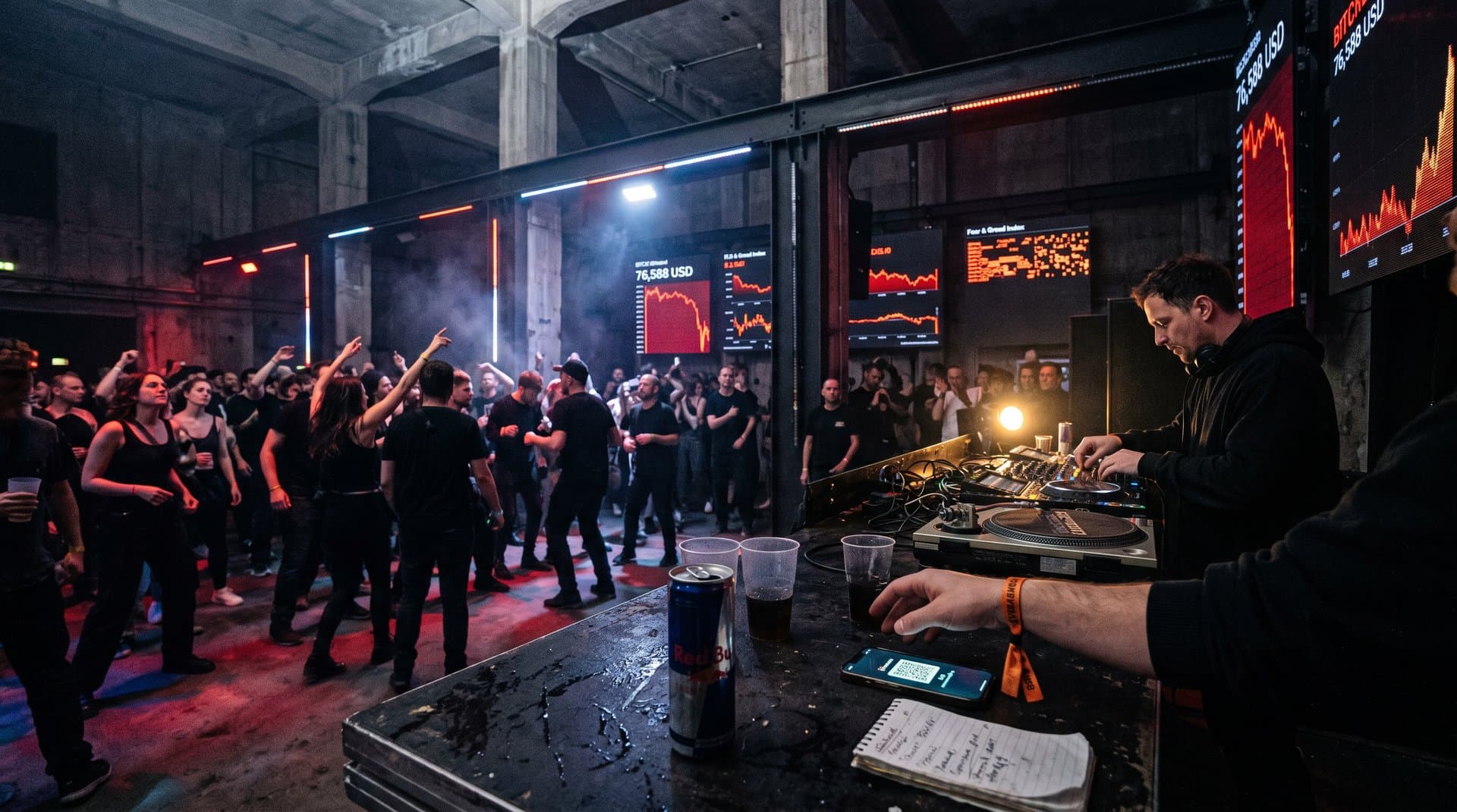 Techno-Club mit fallenden Crypto-Charts, NFT-Projektionen und DJ-Equipment im Berghain-Stil