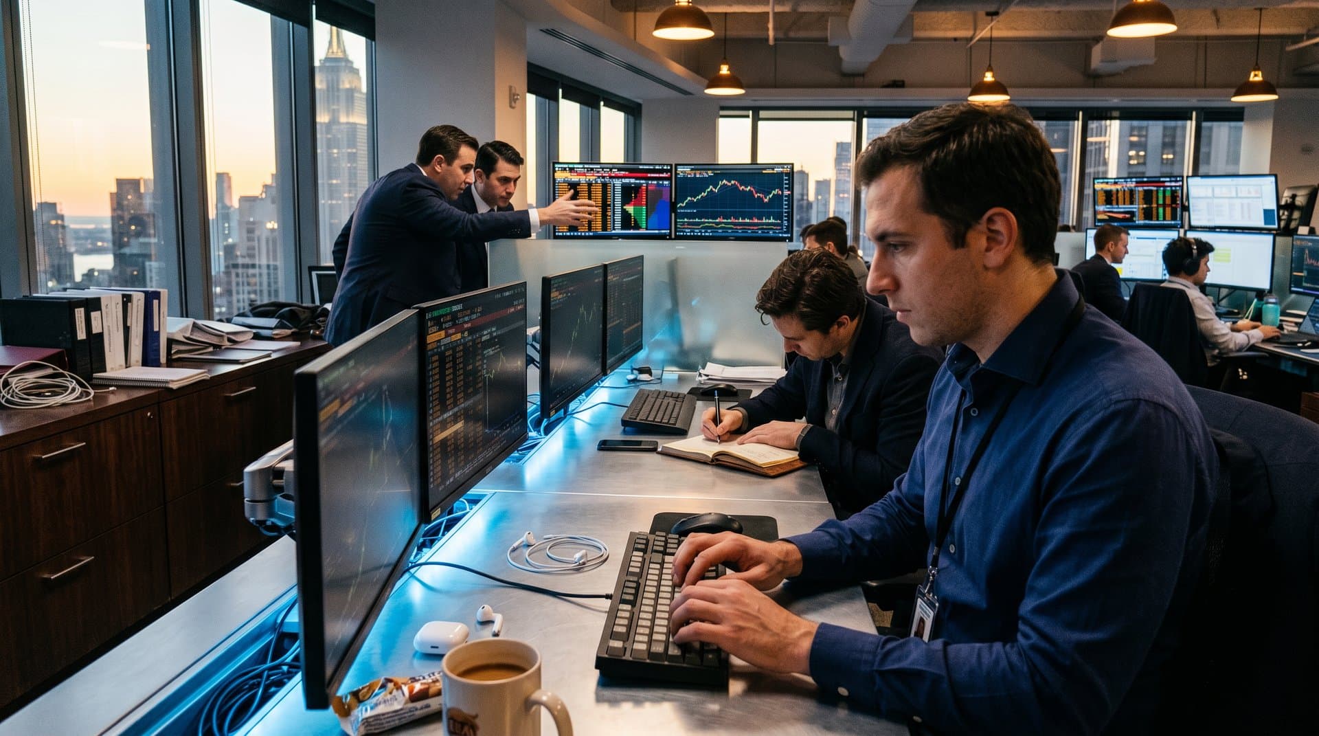 Analysten an Bloomberg-Terminals auf Goldman Sachs Trading Floor mit Crypto-Charts, Fear & Greed Index und NYC-Skyline im Hintergrund