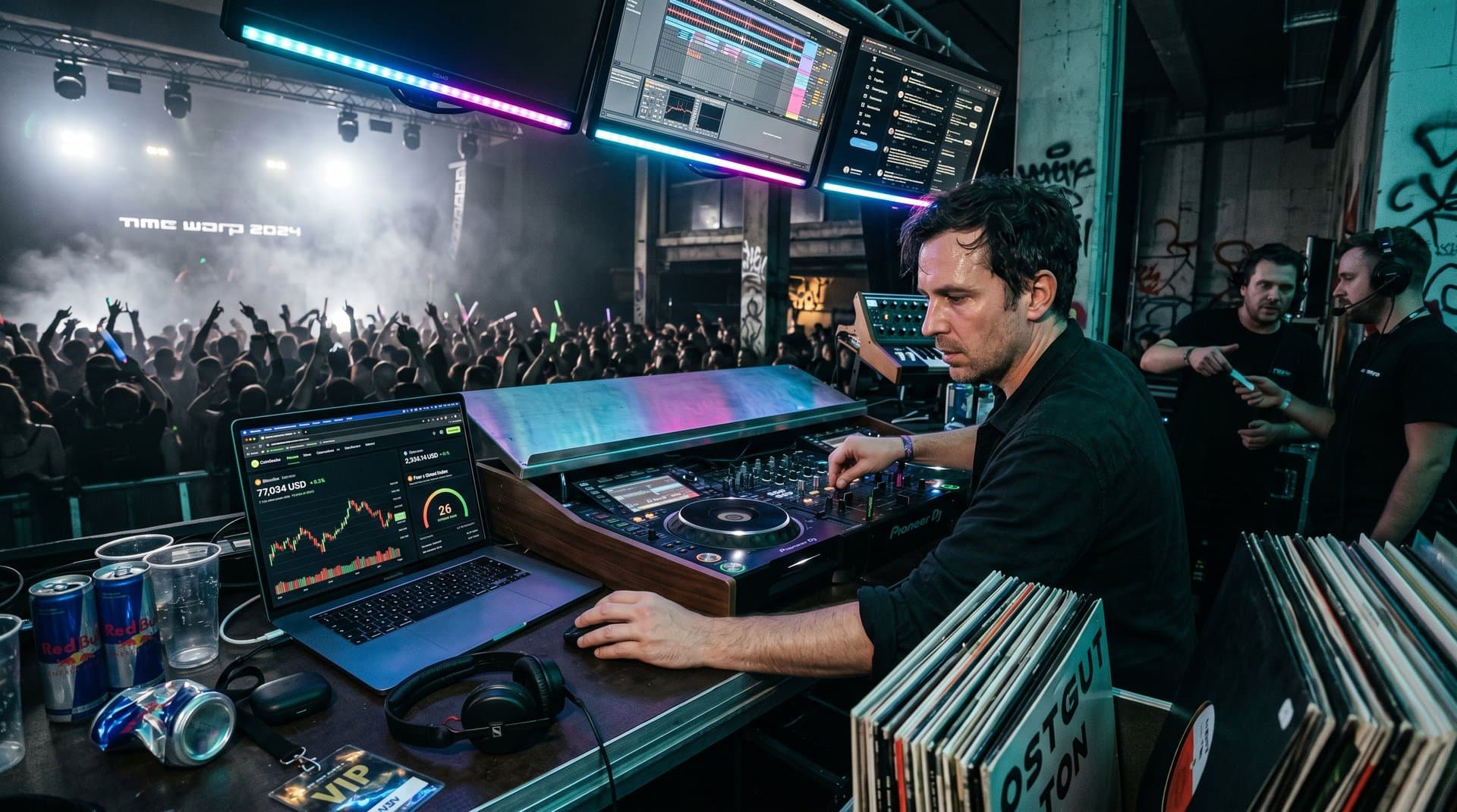 DJ backstage bei Time Warp analysiert Crypto-Aktien mit BTC 77.034 USD und Fear & Greed 26
