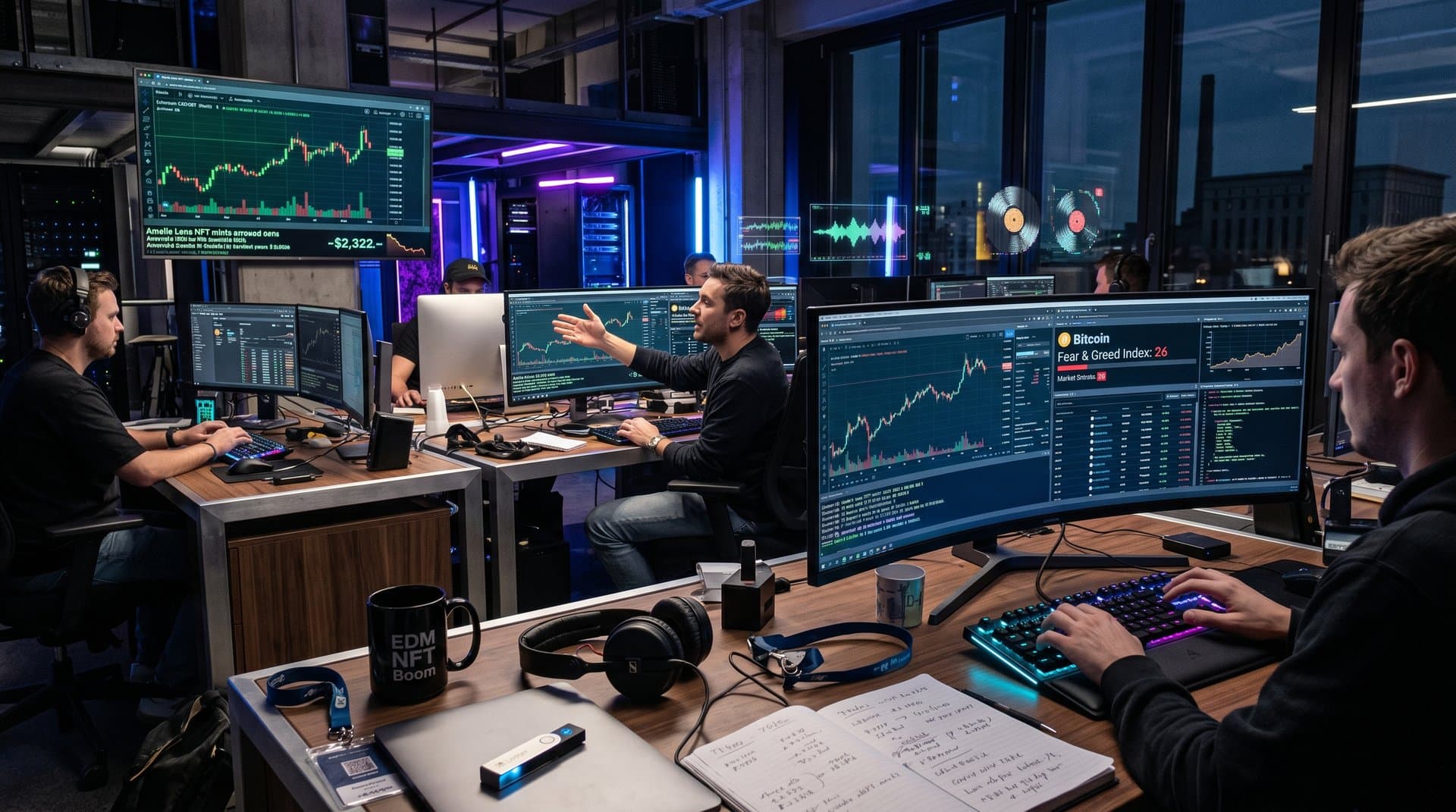 Crypto-Charts mit ETH, BTC und Fear & Greed 26 auf Multi-Monitor-Setup in Trading-Desk für EDM NFT Investoren