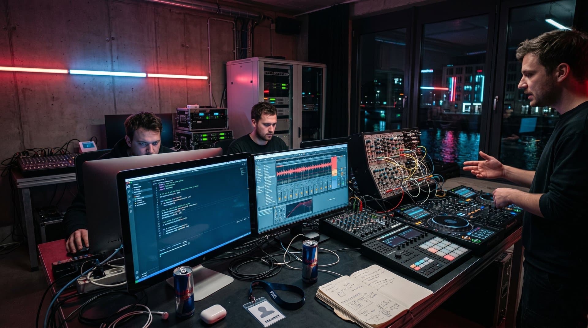 Berliner Studio mit macOS-Displays, CUA-Skripten, Ableton und DJ-Controllern in Tech-Setup