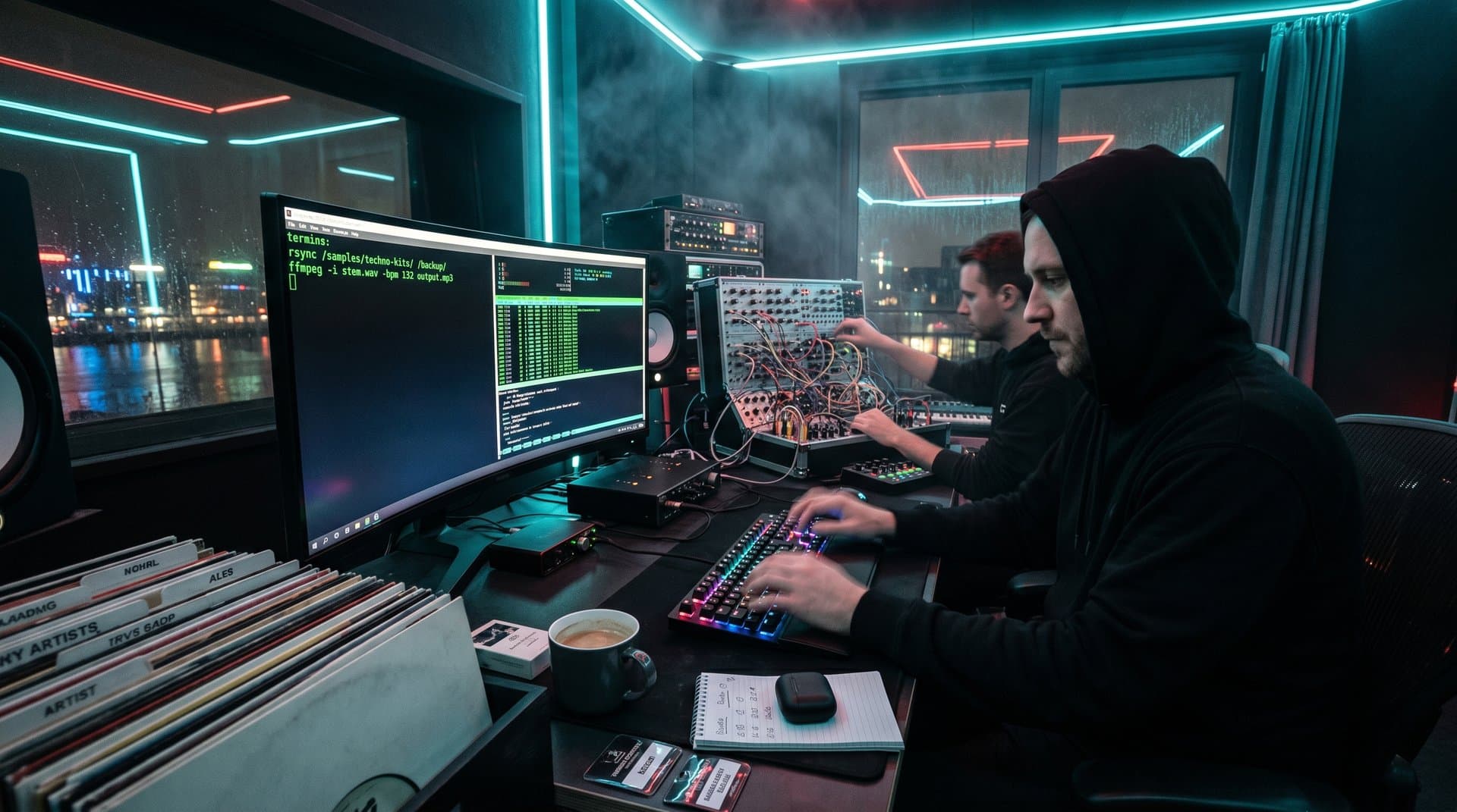 DJ-Studio mit Warp Terminal open-source auf Monitor, Synths und Equipment in Berliner Club-Ästhetik