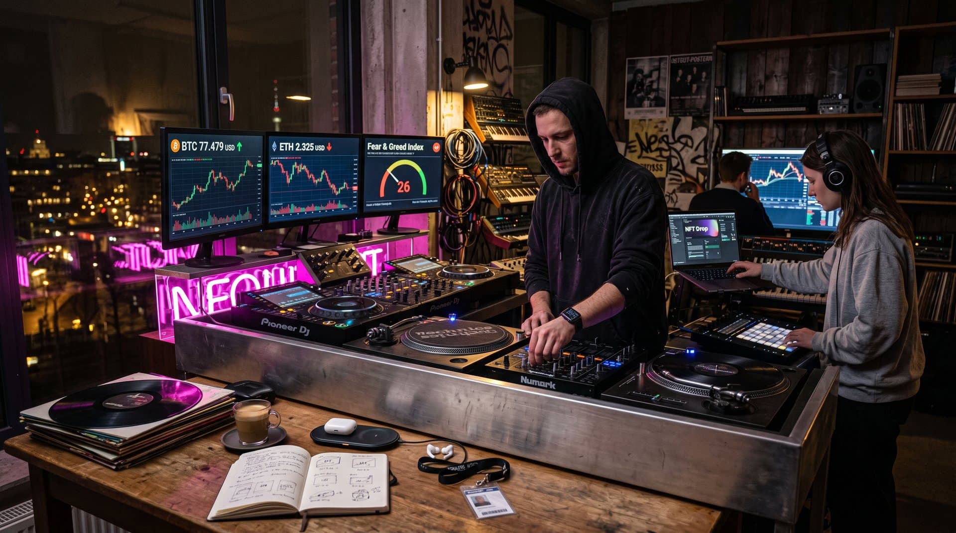 DJ-Studio in Berlin mit Crypto-Charts: BTC 77k USD und Fear & Greed 26